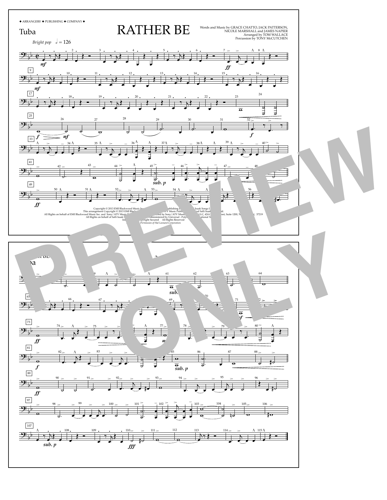 Learn to play Tom Wallace Rather Be - Tuba sheet music for Marching Band in minutes. Price: 7.8900$ Tom Wallace Rather Be - Tuba sheet music notes and chords arranged for Marching Band