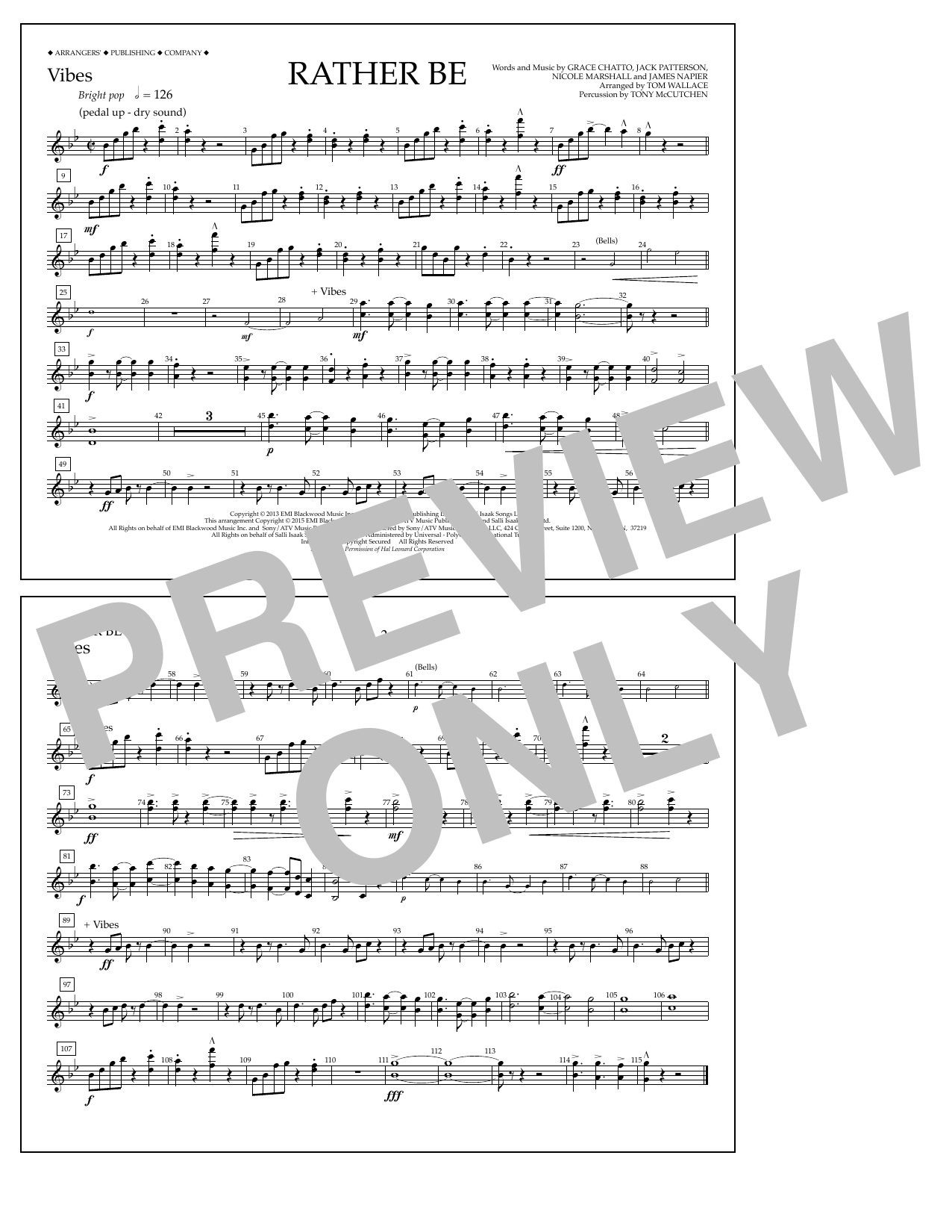 Learn to play Tom Wallace Rather Be - Vibes sheet music for Marching Band in minutes. Price: 7.8900$ Tom Wallace Rather Be - Vibes sheet music notes and chords arranged for Marching Band