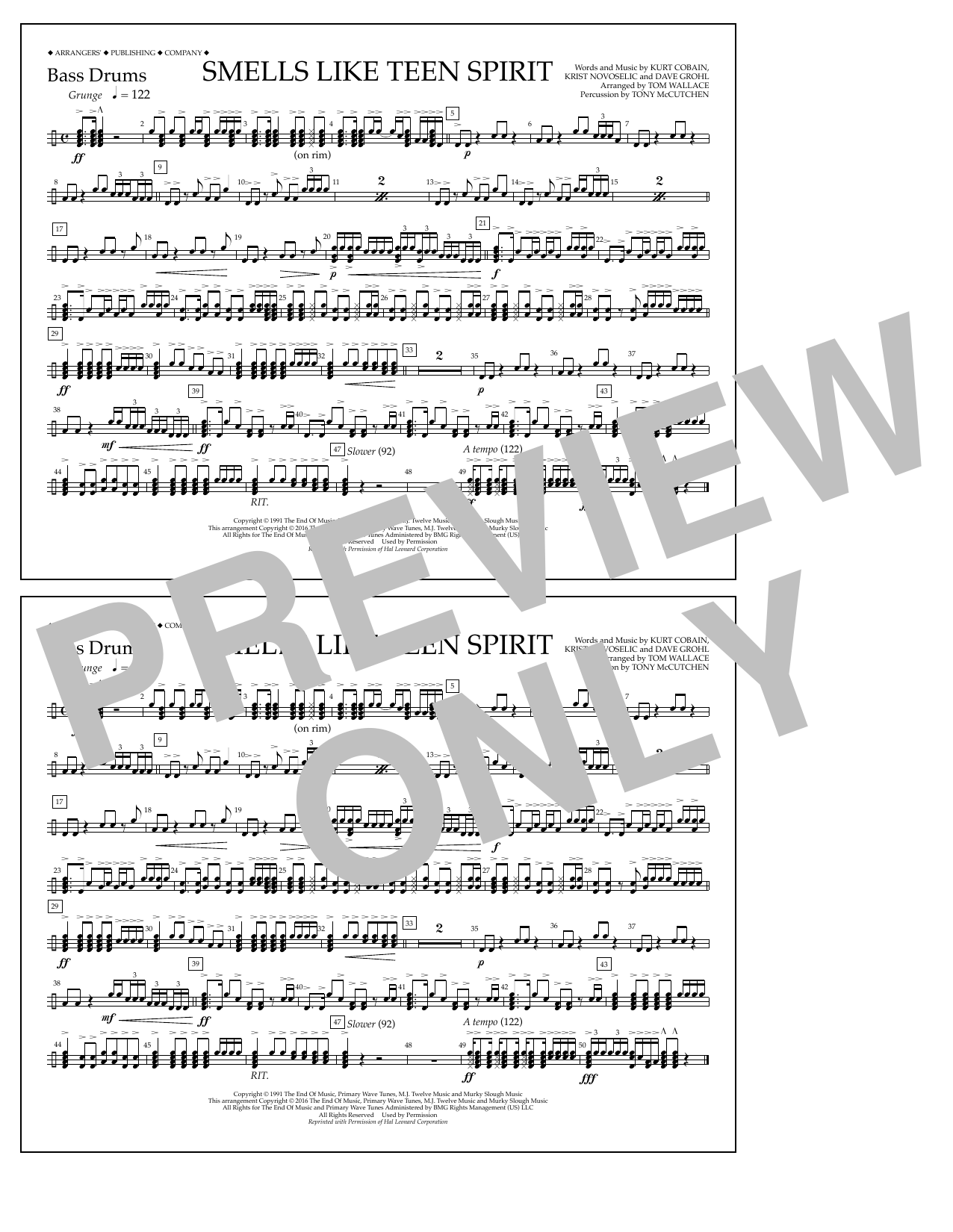 Learn to play Tom Wallace Smells Like Teen Spirit - Bass Drums sheet music for Marching Band in minutes. Price: 7.8900$ Tom Wallace Smells Like Teen Spirit - Bass Drums sheet music notes and chords arranged for Marching Band