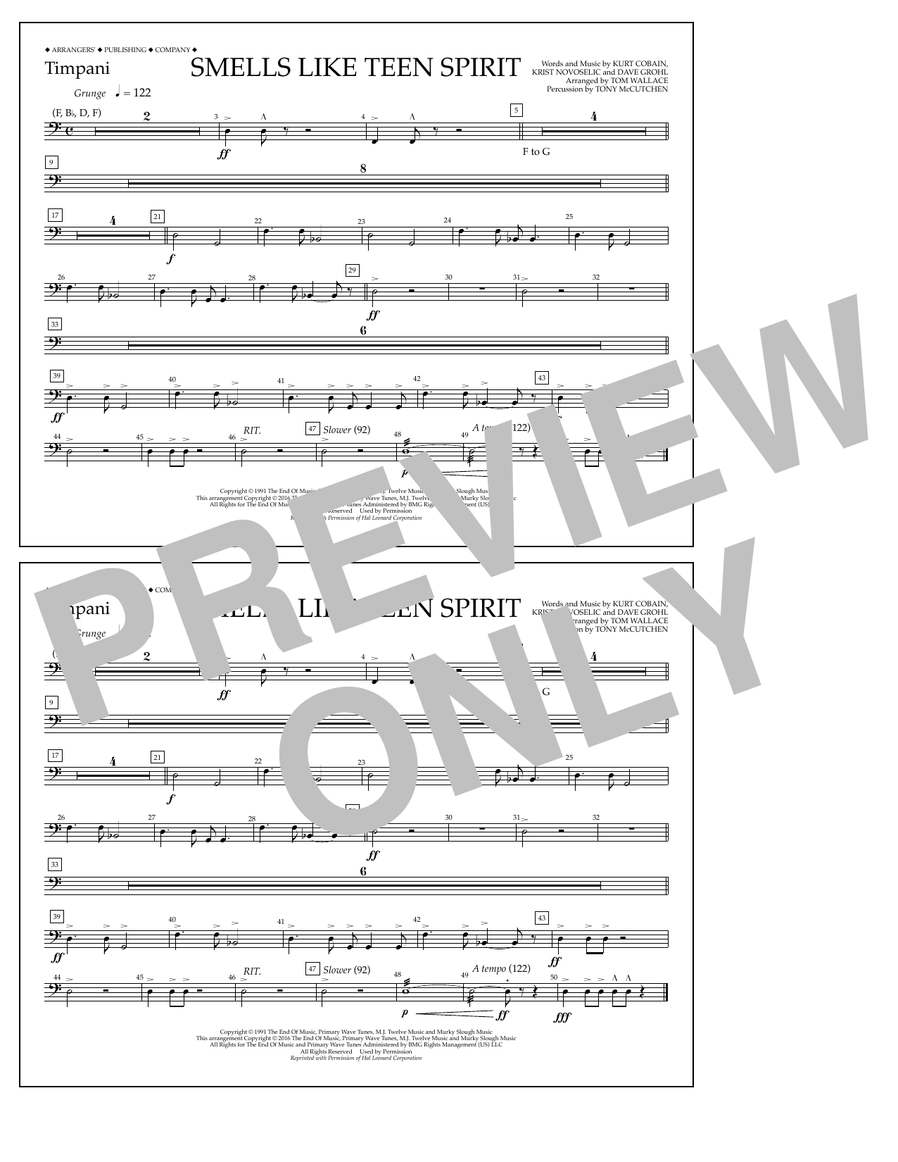Learn to play Tom Wallace Smells Like Teen Spirit - Timpani sheet music for Marching Band in minutes. Price: 7.8900$ Tom Wallace Smells Like Teen Spirit - Timpani sheet music notes and chords arranged for Marching Band