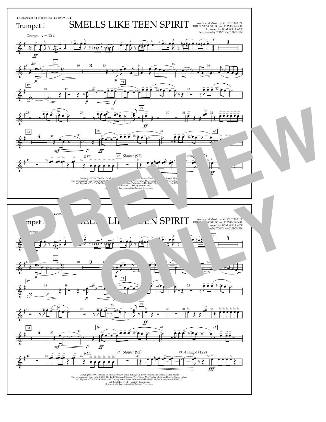 Learn to play Tom Wallace Smells Like Teen Spirit - Trumpet 1 sheet music for Marching Band in minutes. Price: 7.8900$ Tom Wallace Smells Like Teen Spirit - Trumpet 1 sheet music notes and chords arranged for Marching Band