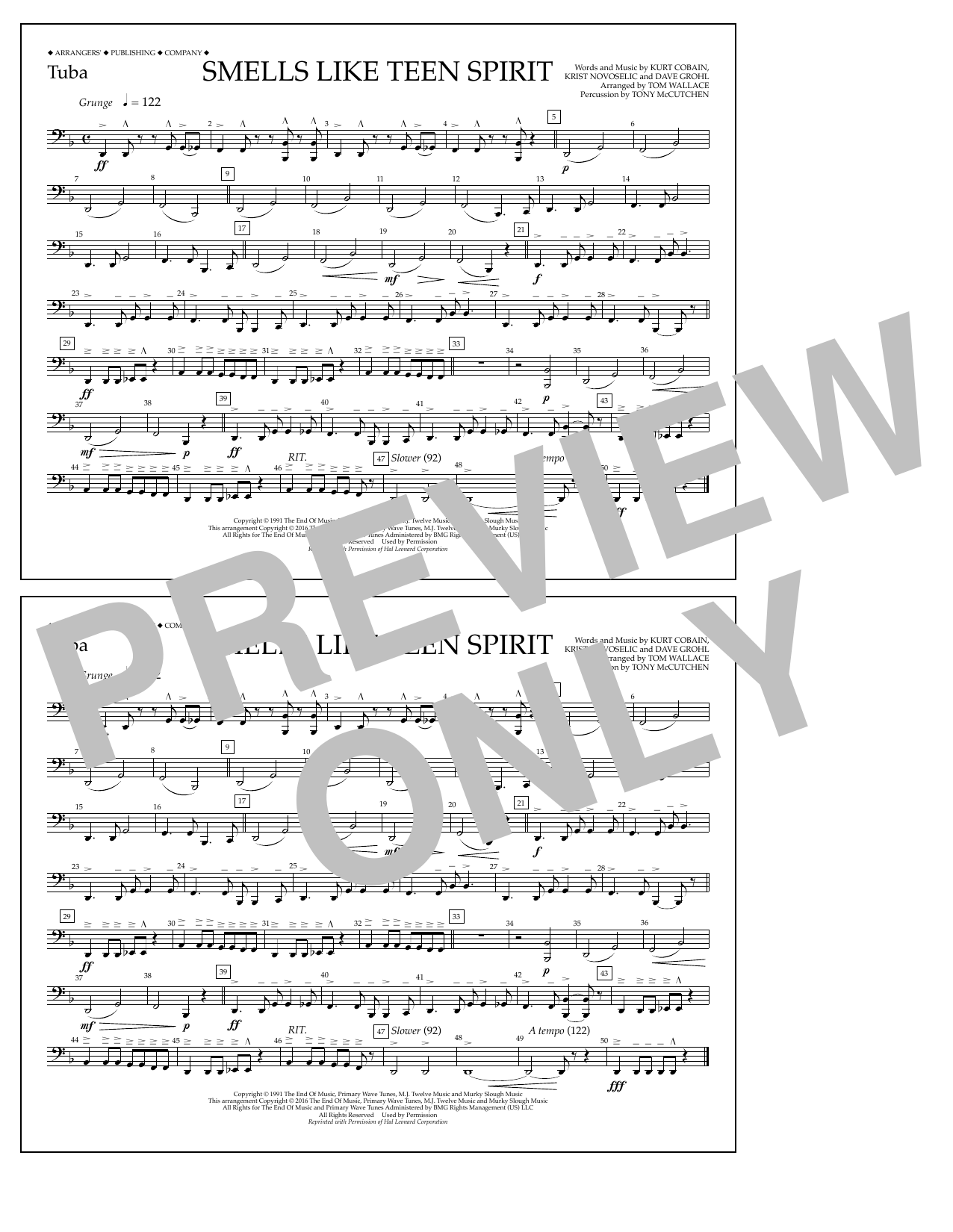 Learn to play Tom Wallace Smells Like Teen Spirit - Tuba sheet music for Marching Band in minutes. Price: 7.8900$ Tom Wallace Smells Like Teen Spirit - Tuba sheet music notes and chords arranged for Marching Band
