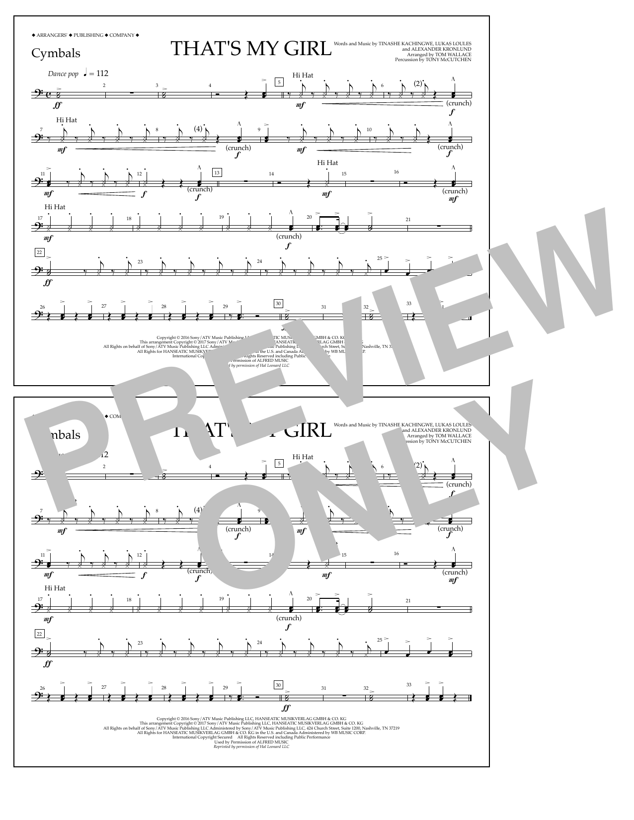 Learn to play Tom Wallace That's My Girl - Cymbals sheet music for Marching Band in minutes. Price: 7.8900$ Tom Wallace That's My Girl - Cymbals sheet music notes and chords arranged for Marching Band