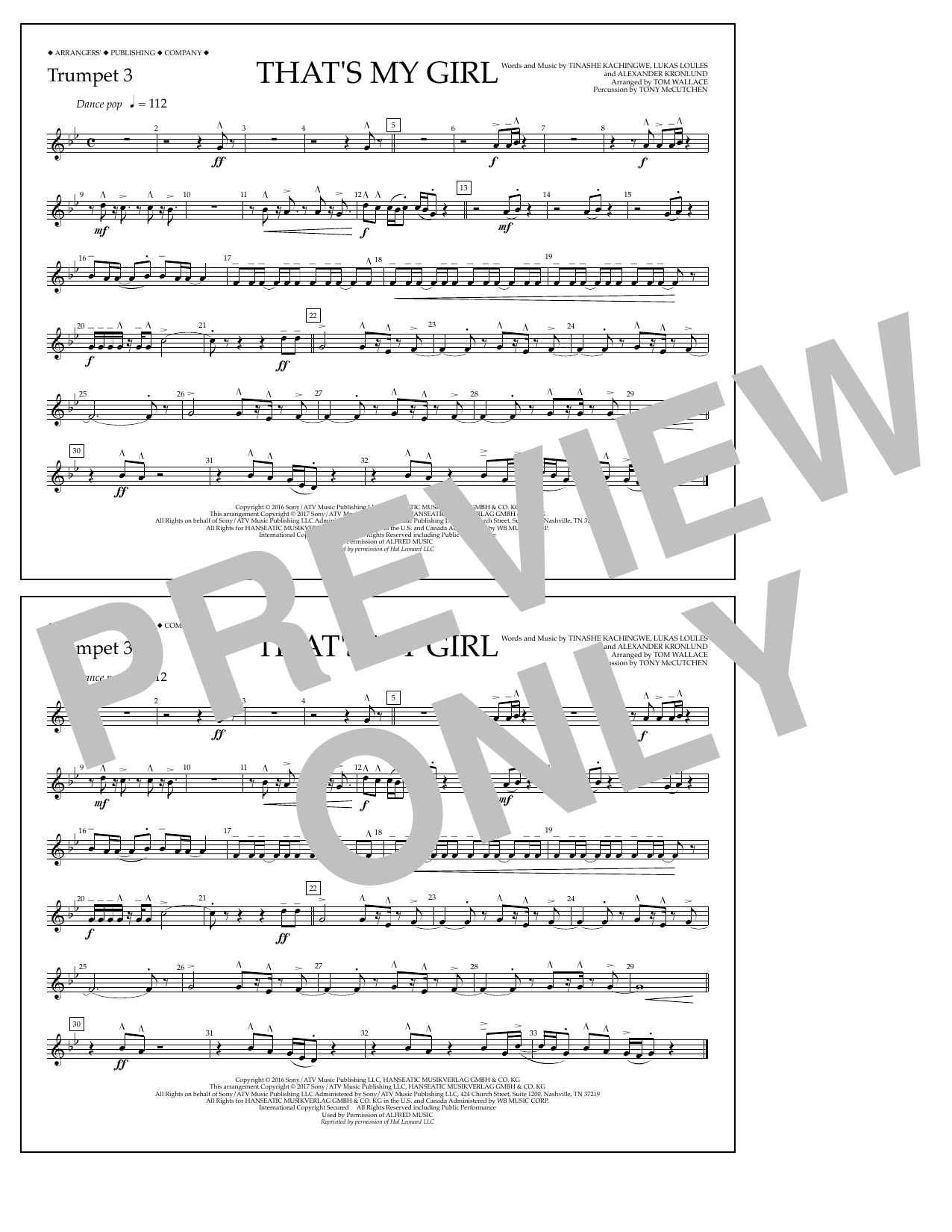 Learn to play Tom Wallace That's My Girl - Trumpet 3 sheet music for Marching Band in minutes. Price: 7.8900$ Tom Wallace That's My Girl - Trumpet 3 sheet music notes and chords arranged for Marching Band