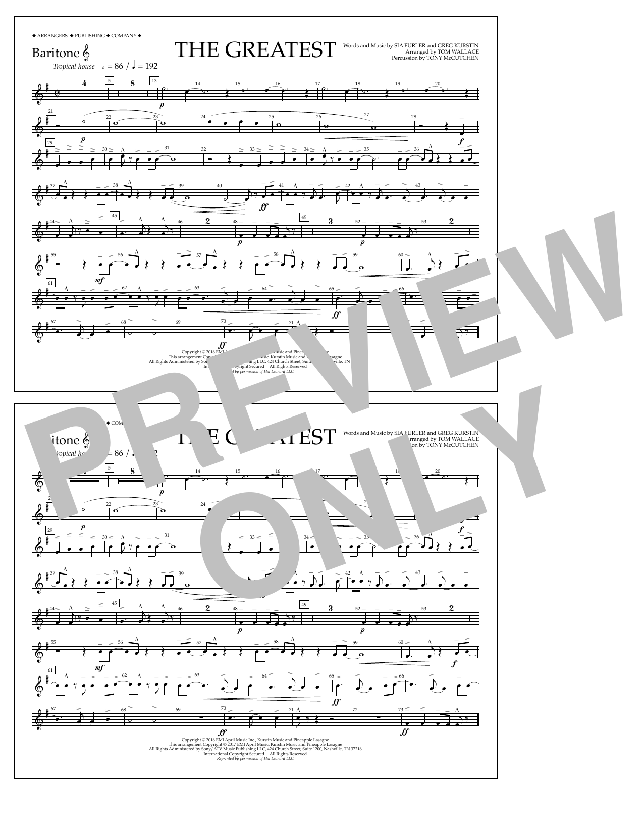 Learn to play Tom Wallace The Greatest - Baritone T.C. sheet music for Marching Band in minutes. Price: 7.8900$ Tom Wallace The Greatest - Baritone T.C. sheet music notes and chords arranged for Marching Band