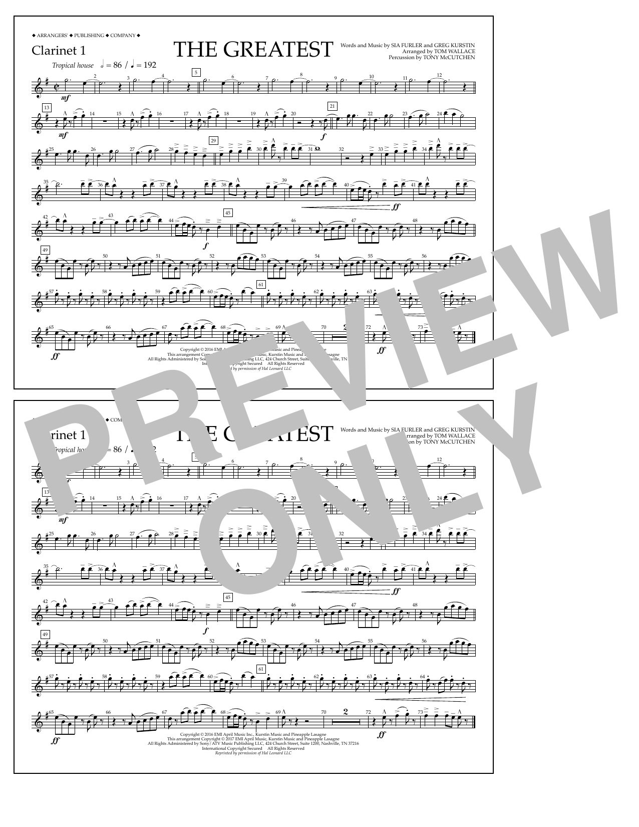 Tom Wallace The Greatest - Clarinet 1 sheet music notes and chords arranged for Marching Band