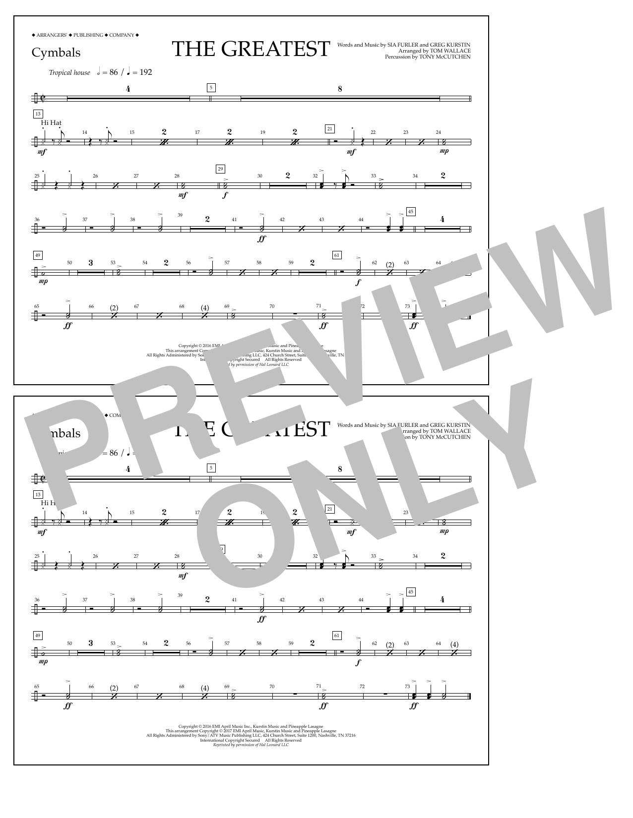 Learn to play Tom Wallace The Greatest - Cymbals sheet music for Marching Band in minutes. Price: 7.8900$ Tom Wallace The Greatest - Cymbals sheet music notes and chords arranged for Marching Band