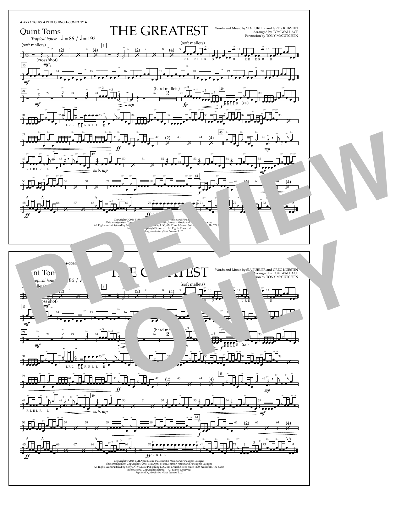 Learn to play Tom Wallace The Greatest - Quint-Toms sheet music for Marching Band in minutes. Price: 7.8900$ Tom Wallace The Greatest - Quint-Toms sheet music notes and chords arranged for Marching Band