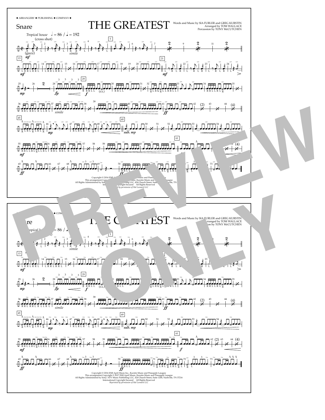 Learn to play Tom Wallace The Greatest - Snare sheet music for Marching Band in minutes. Price: 7.8900$ Tom Wallace The Greatest - Snare sheet music notes and chords arranged for Marching Band