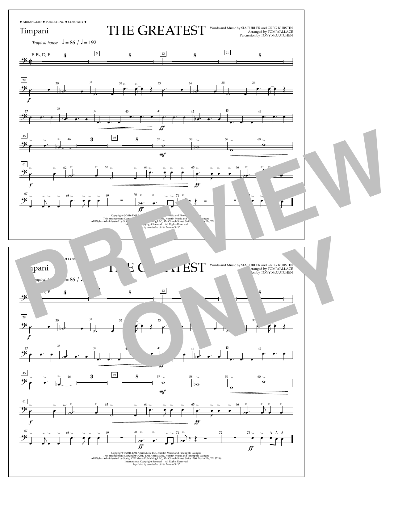 Learn to play Tom Wallace The Greatest - Timpani sheet music for Marching Band in minutes. Price: 7.8900$ Tom Wallace The Greatest - Timpani sheet music notes and chords arranged for Marching Band