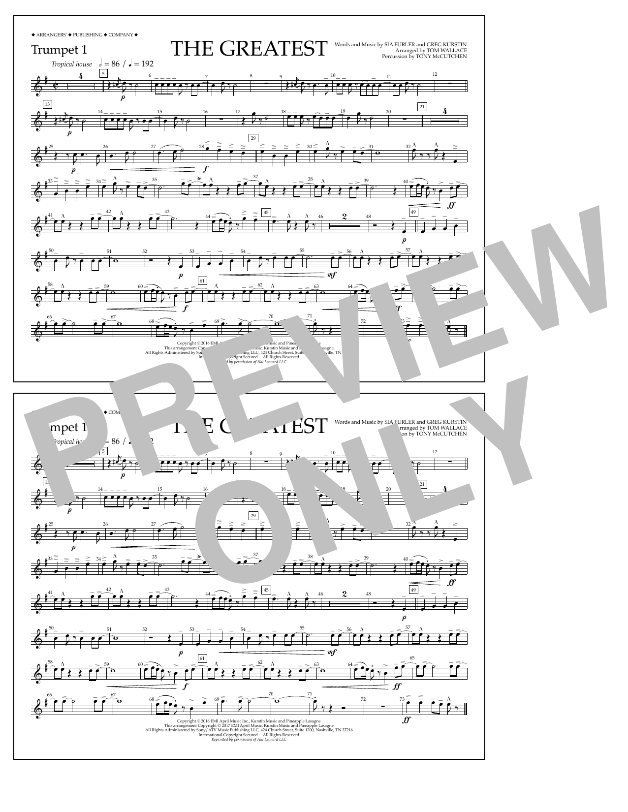 Learn to play Tom Wallace The Greatest - Trumpet 1 sheet music for Marching Band in minutes. Price: 7.8900$ Tom Wallace The Greatest - Trumpet 1 sheet music notes and chords arranged for Marching Band