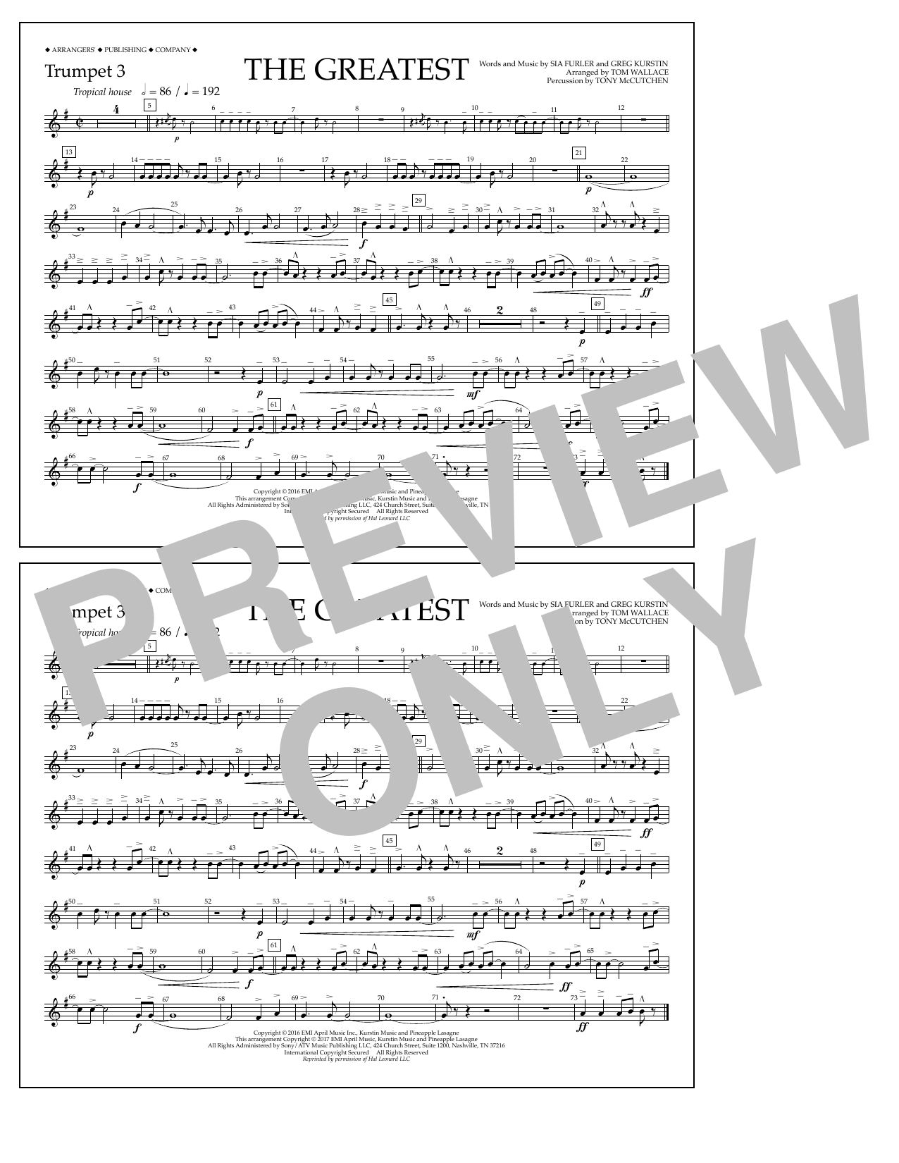 Learn to play Tom Wallace The Greatest - Trumpet 3 sheet music for Marching Band in minutes. Price: 7.8900$ Tom Wallace The Greatest - Trumpet 3 sheet music notes and chords arranged for Marching Band