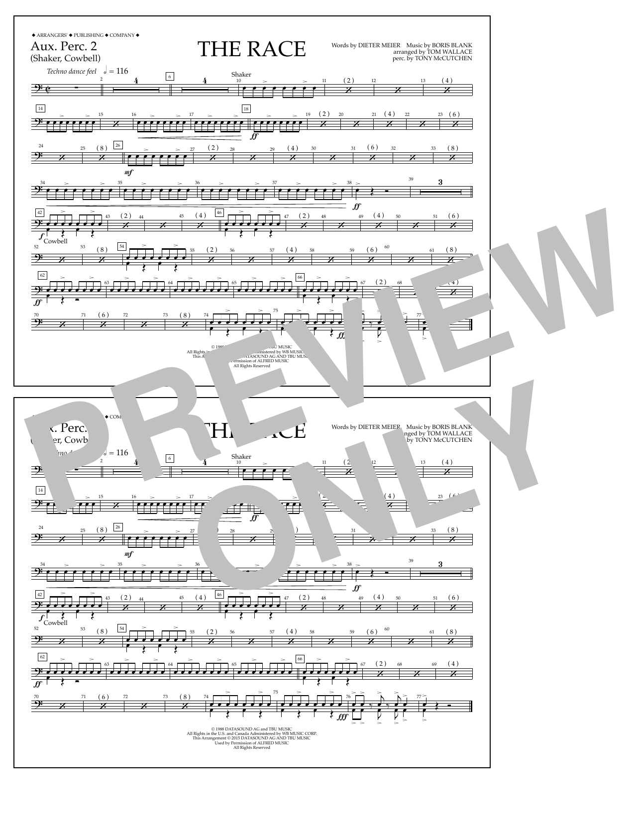 Learn to play Tom Wallace The Race - Aux. Perc. 2 sheet music for Marching Band in minutes. Price: 7.8900$ Tom Wallace The Race - Aux. Perc. 2 sheet music notes and chords arranged for Marching Band