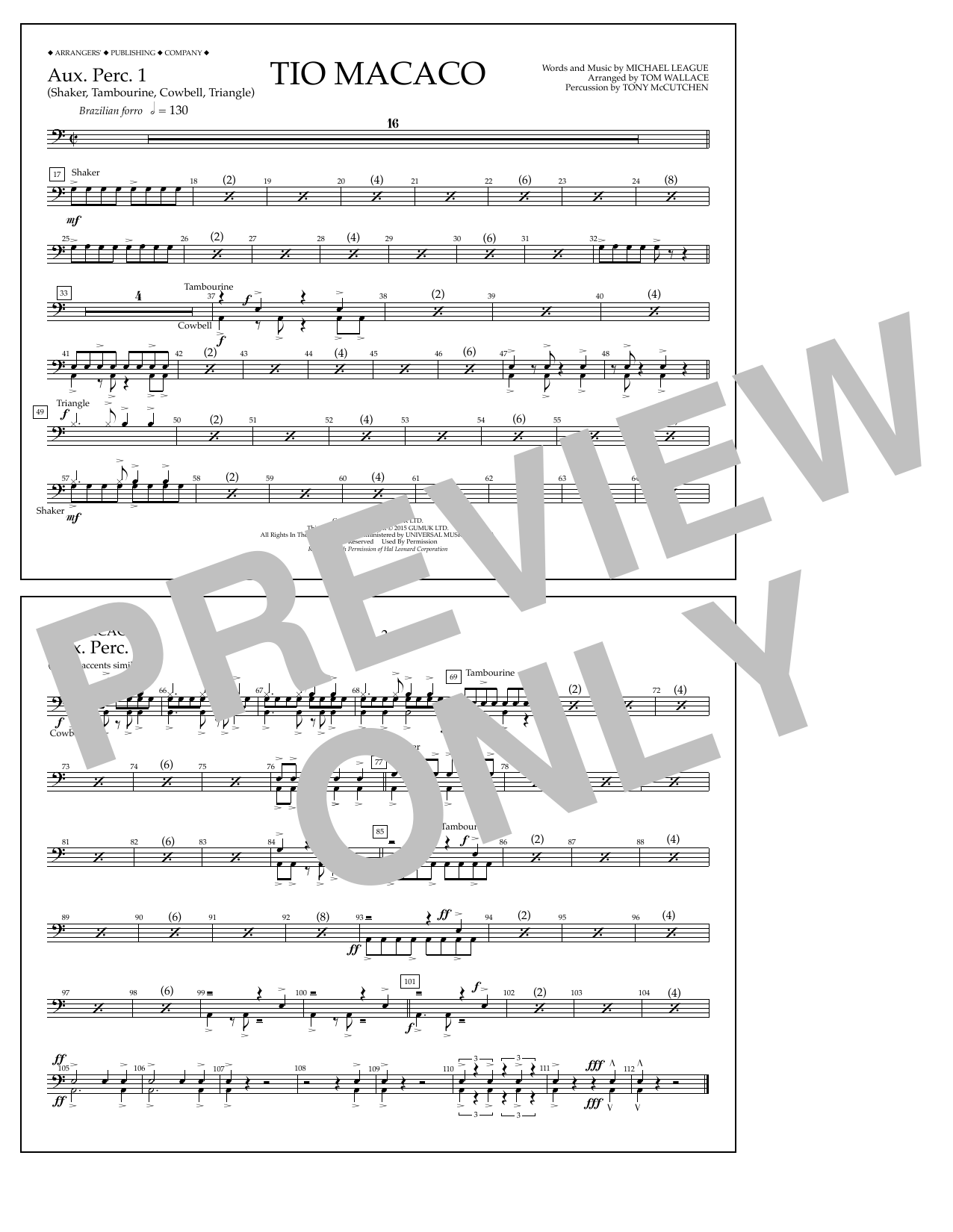 Learn to play Tom Wallace Tio Macaco - Aux. Perc. 1 sheet music for Marching Band in minutes. Price: 7.8900$ Tom Wallace Tio Macaco - Aux. Perc. 1 sheet music notes and chords arranged for Marching Band