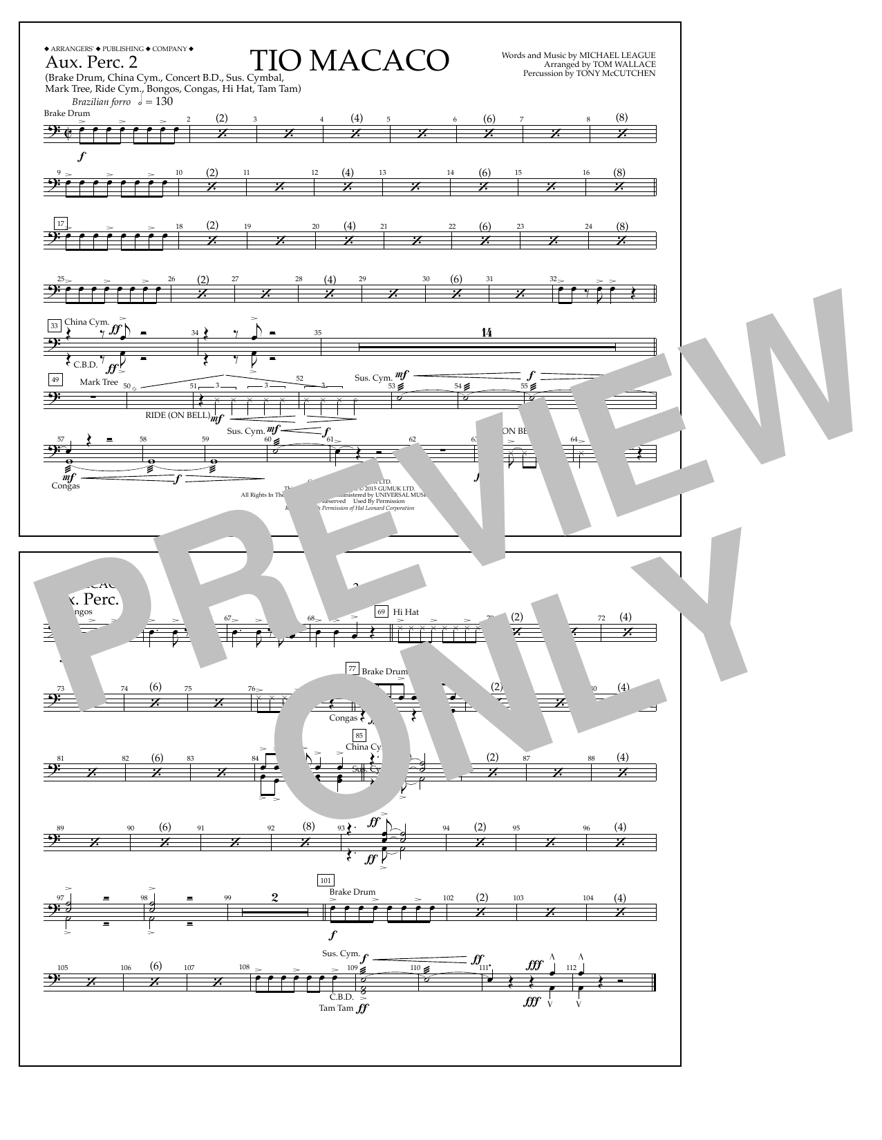 Learn to play Tom Wallace Tio Macaco - Aux. Perc. 2 sheet music for Marching Band in minutes. Price: 7.8900$ Tom Wallace Tio Macaco - Aux. Perc. 2 sheet music notes and chords arranged for Marching Band