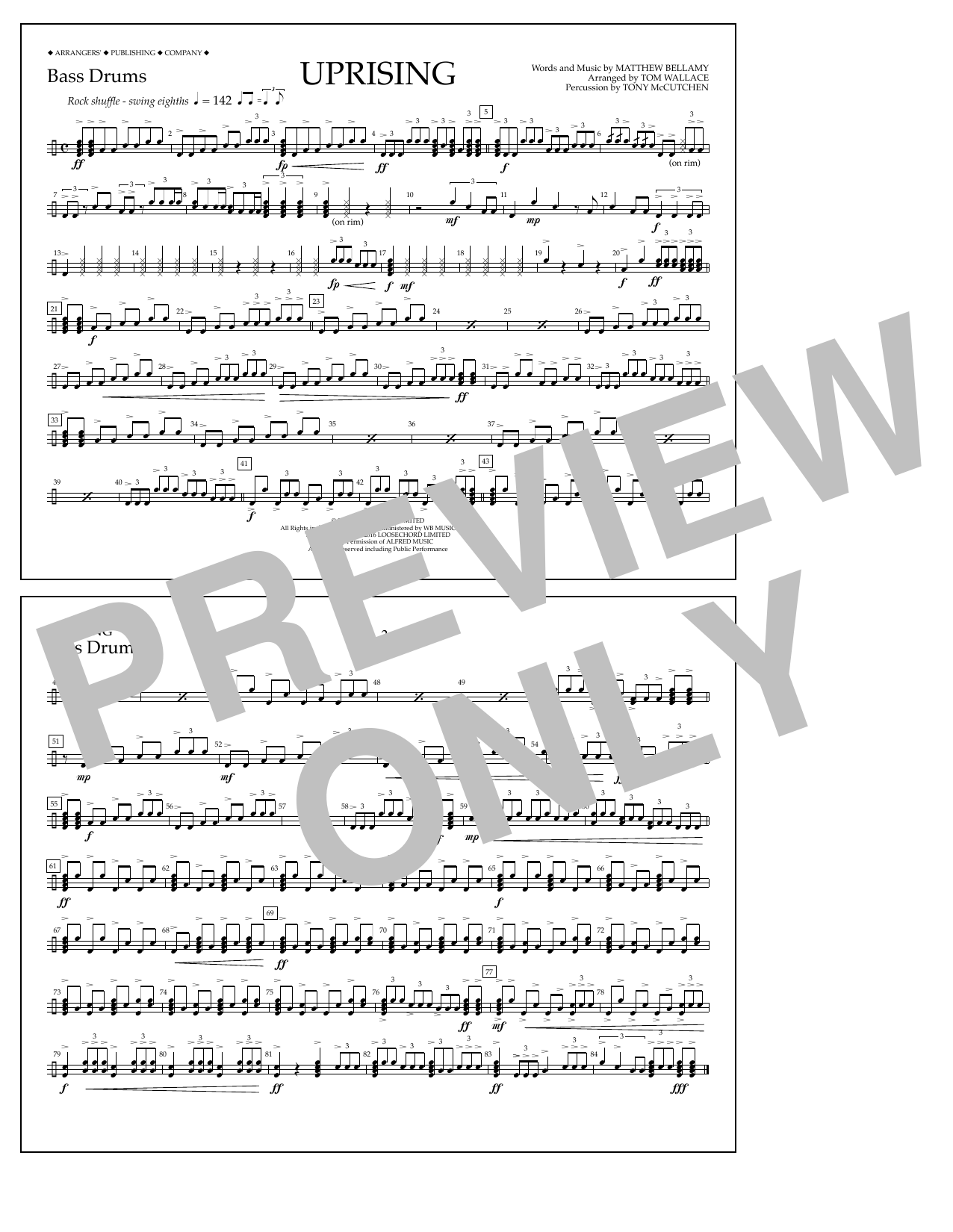 Learn to play Tom Wallace Uprising - Bass Drums sheet music for Marching Band in minutes. Price: 7.8900$ Tom Wallace Uprising - Bass Drums sheet music notes and chords arranged for Marching Band