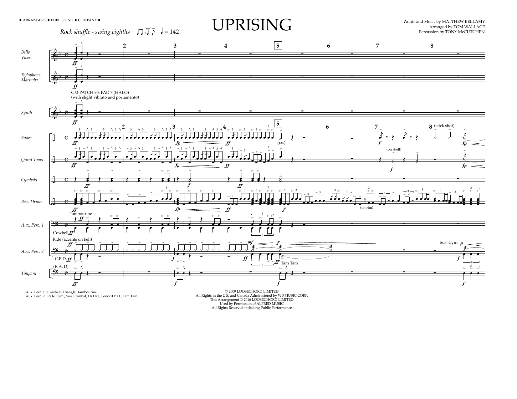 Learn to play Tom Wallace Uprising - Percussion Score sheet music for Marching Band in minutes. Price: 13.9700$ Tom Wallace Uprising - Percussion Score sheet music notes and chords arranged for Marching Band