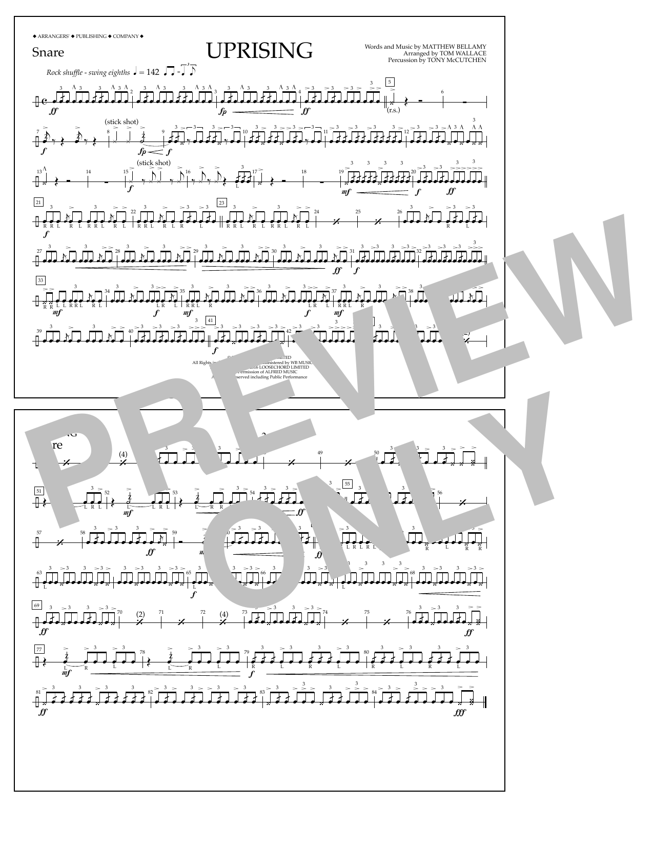 Tom Wallace Uprising - Snare sheet music notes and chords. Download Printable PDF.