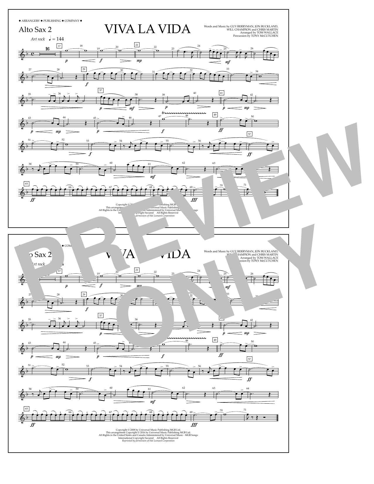 Learn to play Tom Wallace Viva La Vida - Alto Sax 2 sheet music for Marching Band in minutes. Price: 7.8900$ Tom Wallace Viva La Vida - Alto Sax 2 sheet music notes and chords arranged for Marching Band