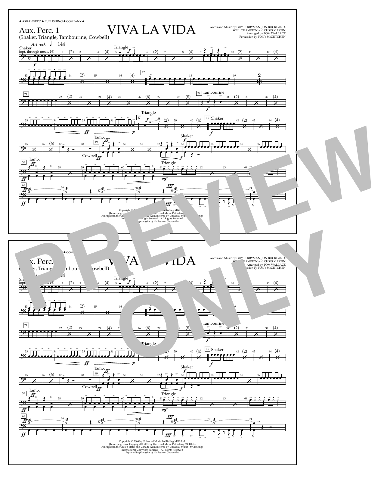 Learn to play Tom Wallace Viva La Vida - Aux. Perc. 1 sheet music for Marching Band in minutes. Price: 7.8900$ Tom Wallace Viva La Vida - Aux. Perc. 1 sheet music notes and chords arranged for Marching Band