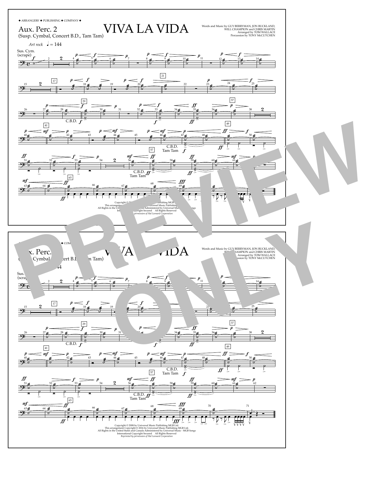 Learn to play Tom Wallace Viva La Vida - Aux. Perc. 2 sheet music for Marching Band in minutes. Price: 7.8900$ Tom Wallace Viva La Vida - Aux. Perc. 2 sheet music notes and chords arranged for Marching Band