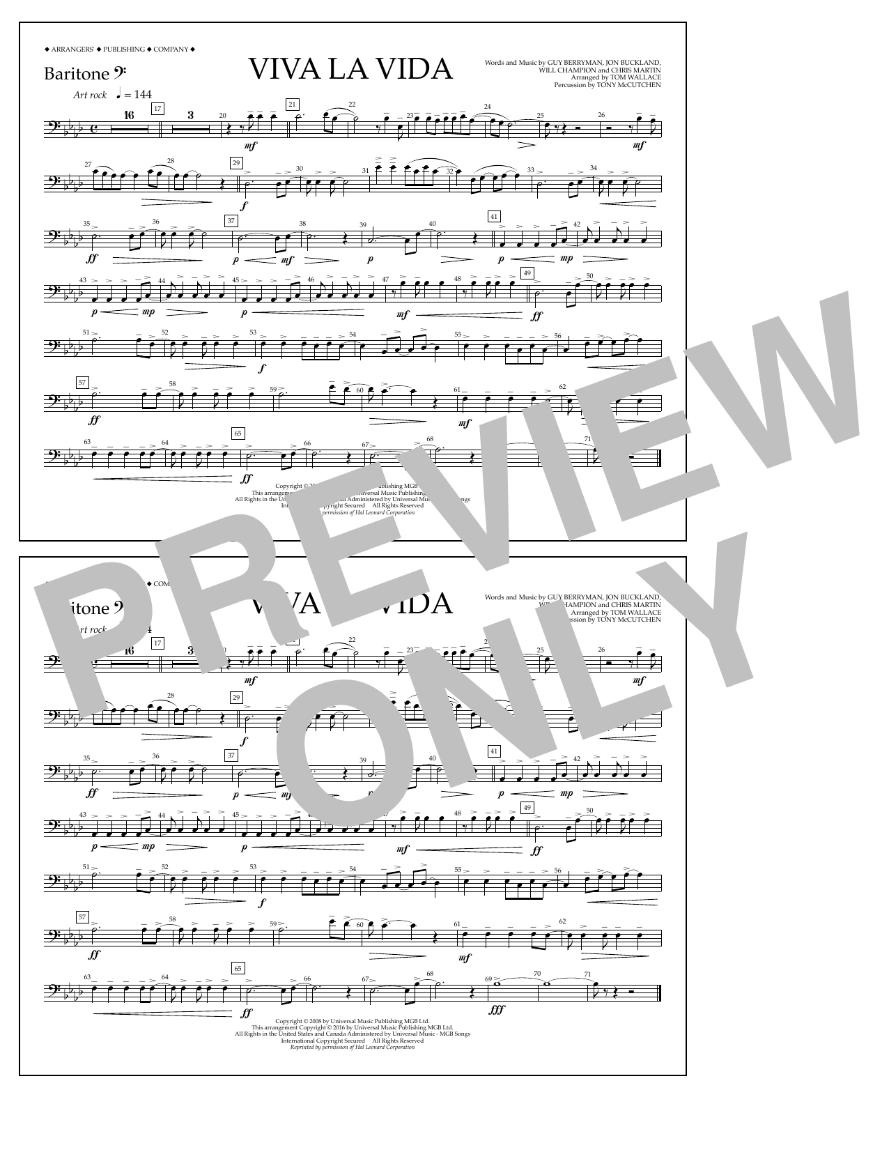 Learn to play Tom Wallace Viva La Vida - Baritone B.C. sheet music for Marching Band in minutes. Price: 7.8900$ Tom Wallace Viva La Vida - Baritone B.C. sheet music notes and chords arranged for Marching Band