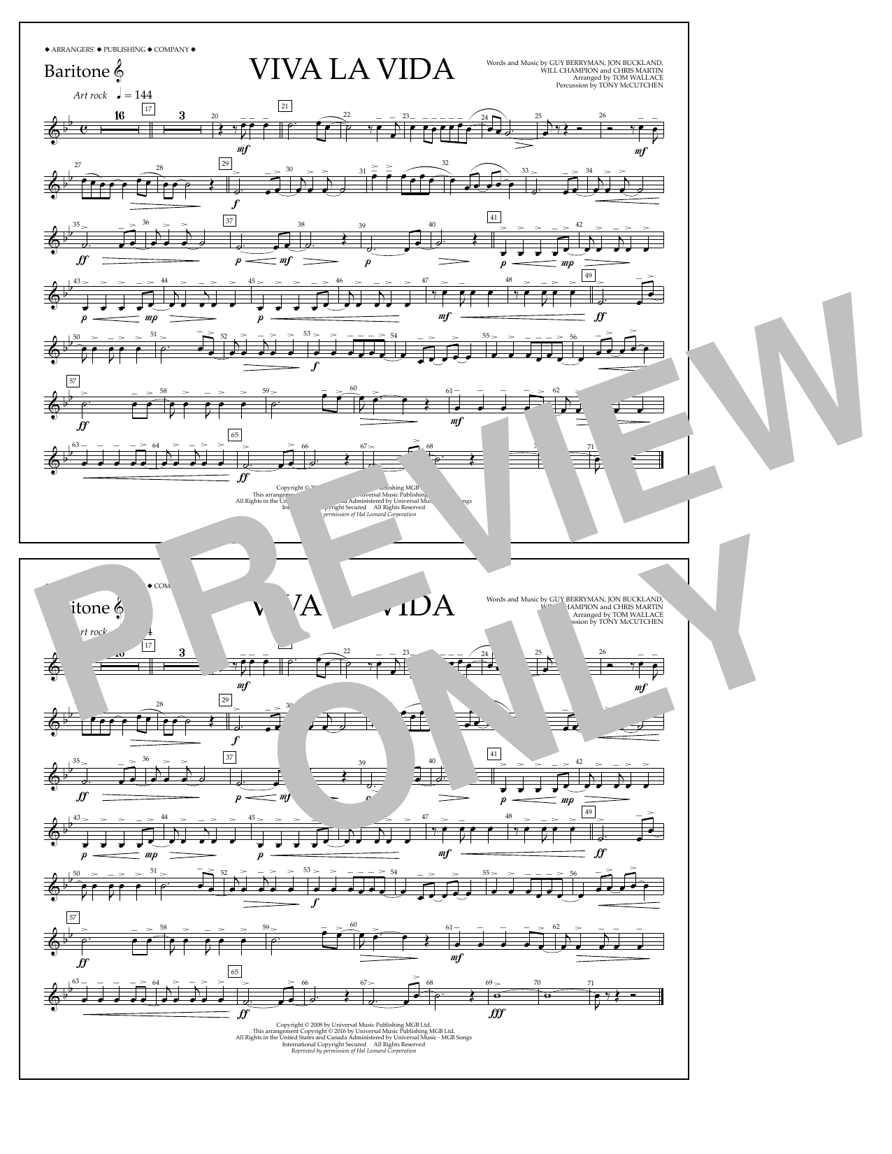 Learn to play Tom Wallace Viva La Vida - Baritone T.C. sheet music for Marching Band in minutes. Price: 7.8900$ Tom Wallace Viva La Vida - Baritone T.C. sheet music notes and chords arranged for Marching Band