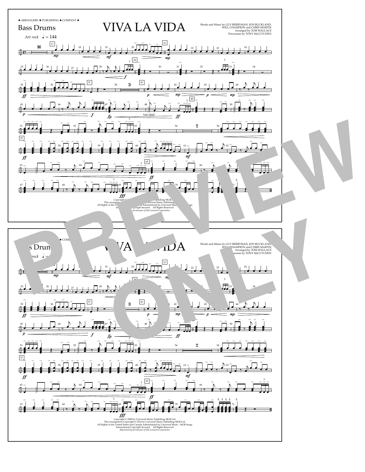 Learn to play Tom Wallace Viva La Vida - Bass Drums sheet music for Marching Band in minutes. Price: 7.8900$ Tom Wallace Viva La Vida - Bass Drums sheet music notes and chords arranged for Marching Band