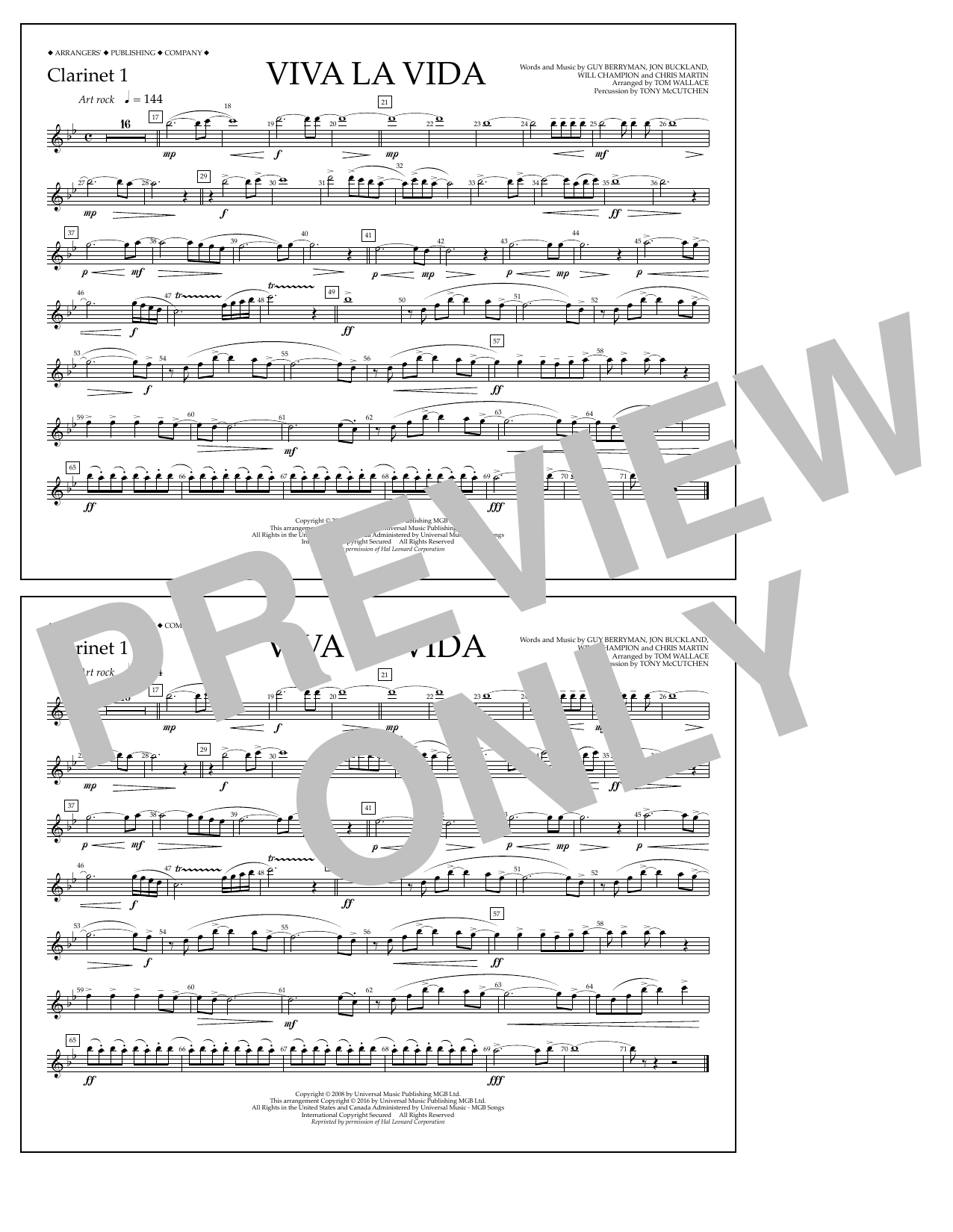 Learn to play Tom Wallace Viva La Vida - Clarinet 1 sheet music for Marching Band in minutes. Price: 7.8900$ Tom Wallace Viva La Vida - Clarinet 1 sheet music notes and chords arranged for Marching Band