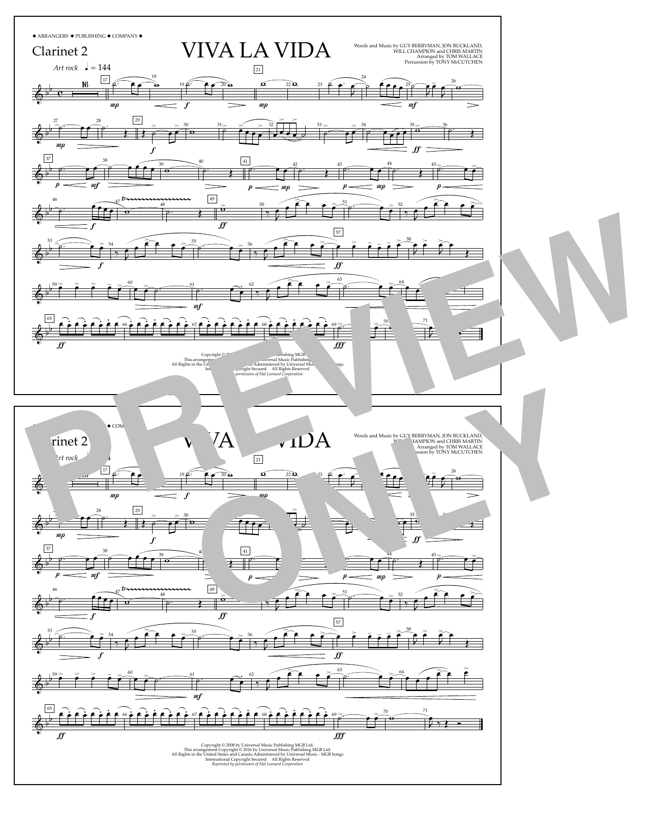 Learn to play Tom Wallace Viva La Vida - Clarinet 2 sheet music for Marching Band in minutes. Price: 7.8900$ Tom Wallace Viva La Vida - Clarinet 2 sheet music notes and chords arranged for Marching Band