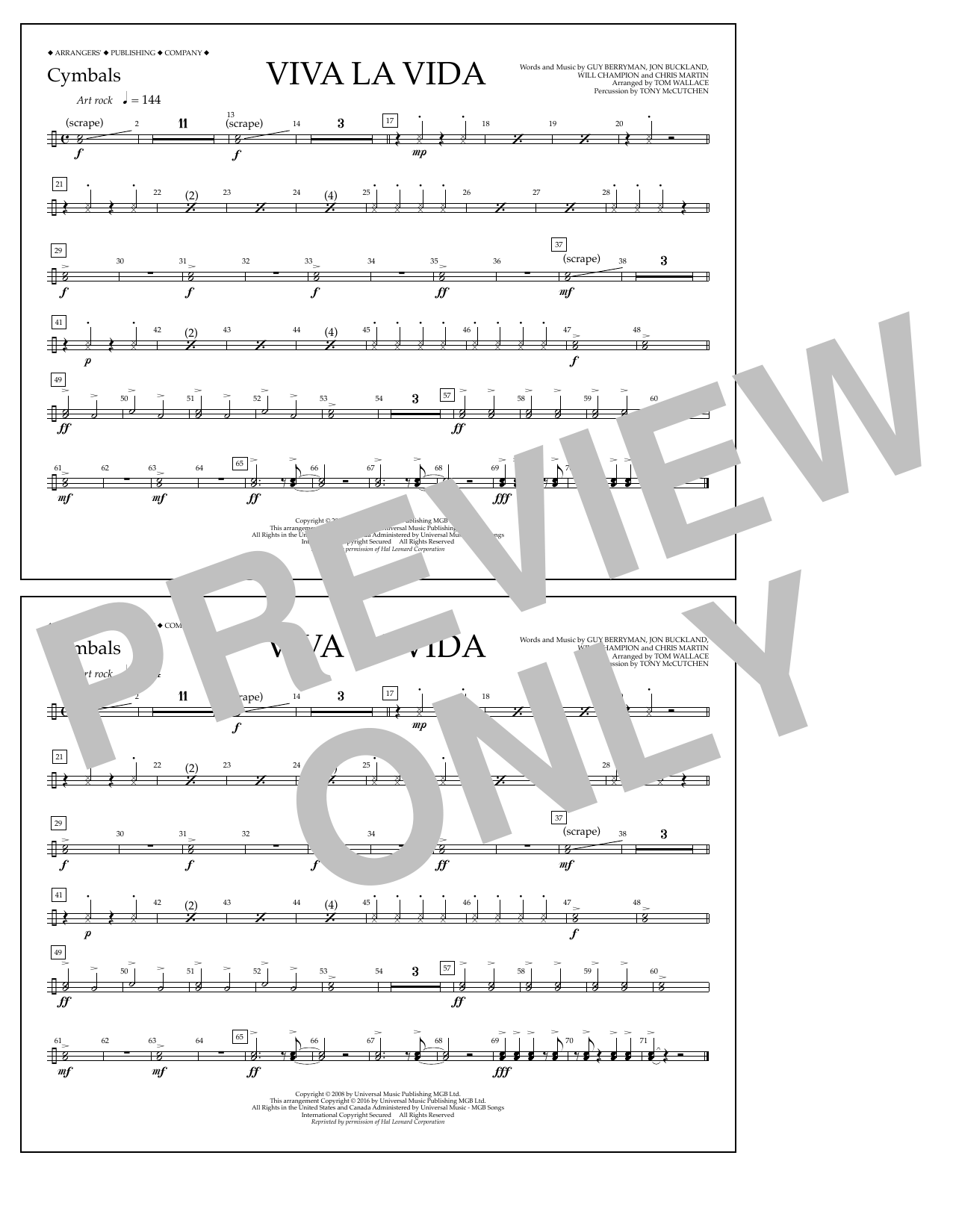 Learn to play Tom Wallace Viva La Vida - Cymbals sheet music for Marching Band in minutes. Price: 7.8900$ Tom Wallace Viva La Vida - Cymbals sheet music notes and chords arranged for Marching Band