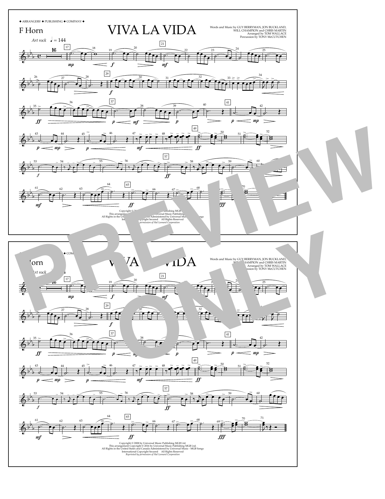 Learn to play Tom Wallace Viva La Vida - F Horn sheet music for Marching Band in minutes. Price: 7.8900$ Tom Wallace Viva La Vida - F Horn sheet music notes and chords arranged for Marching Band