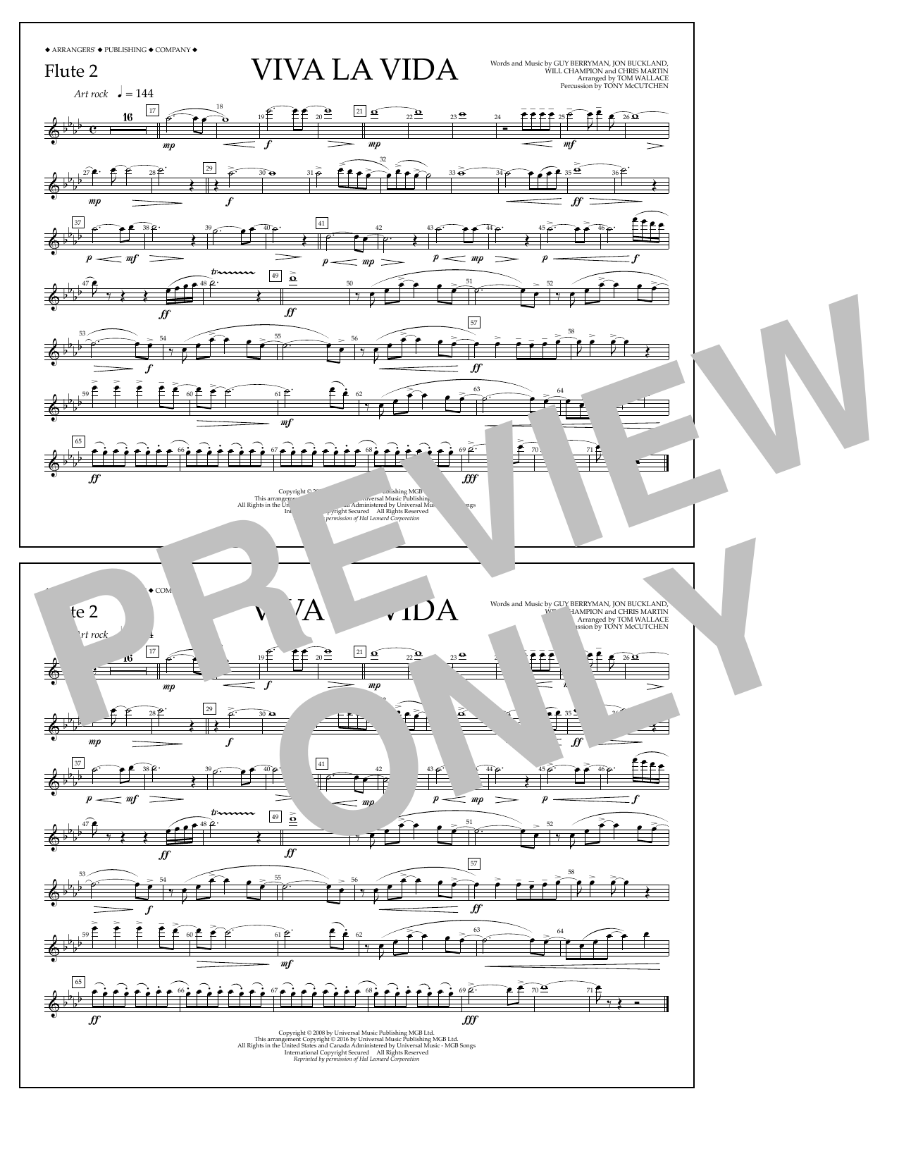 Learn to play Tom Wallace Viva La Vida - Flute 2 sheet music for Marching Band in minutes. Price: 7.8900$ Tom Wallace Viva La Vida - Flute 2 sheet music notes and chords arranged for Marching Band