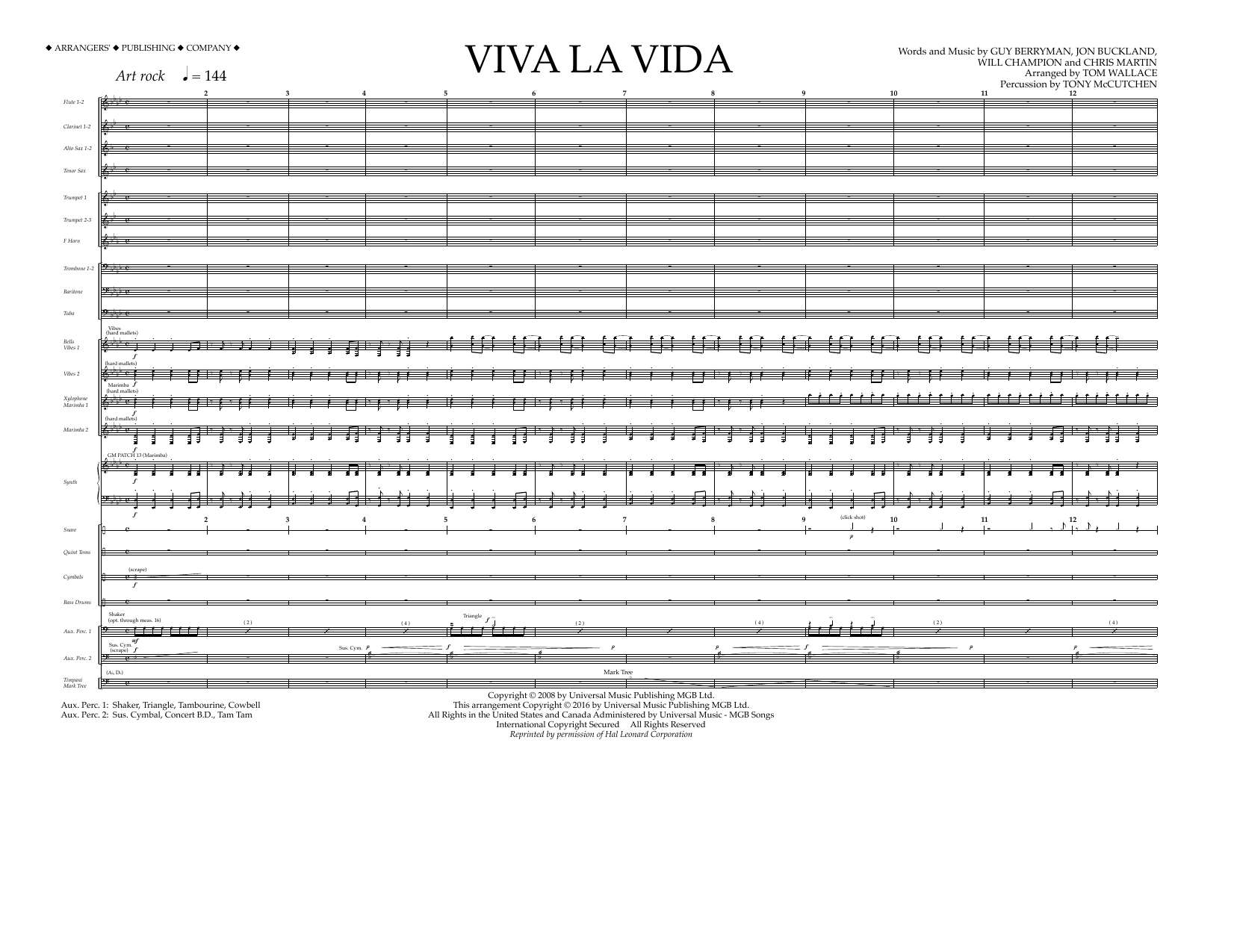 Learn to play Tom Wallace Viva La Vida - Full Score sheet music for Marching Band in minutes. Price: 13.9700$ Tom Wallace Viva La Vida - Full Score sheet music notes and chords arranged for Marching Band