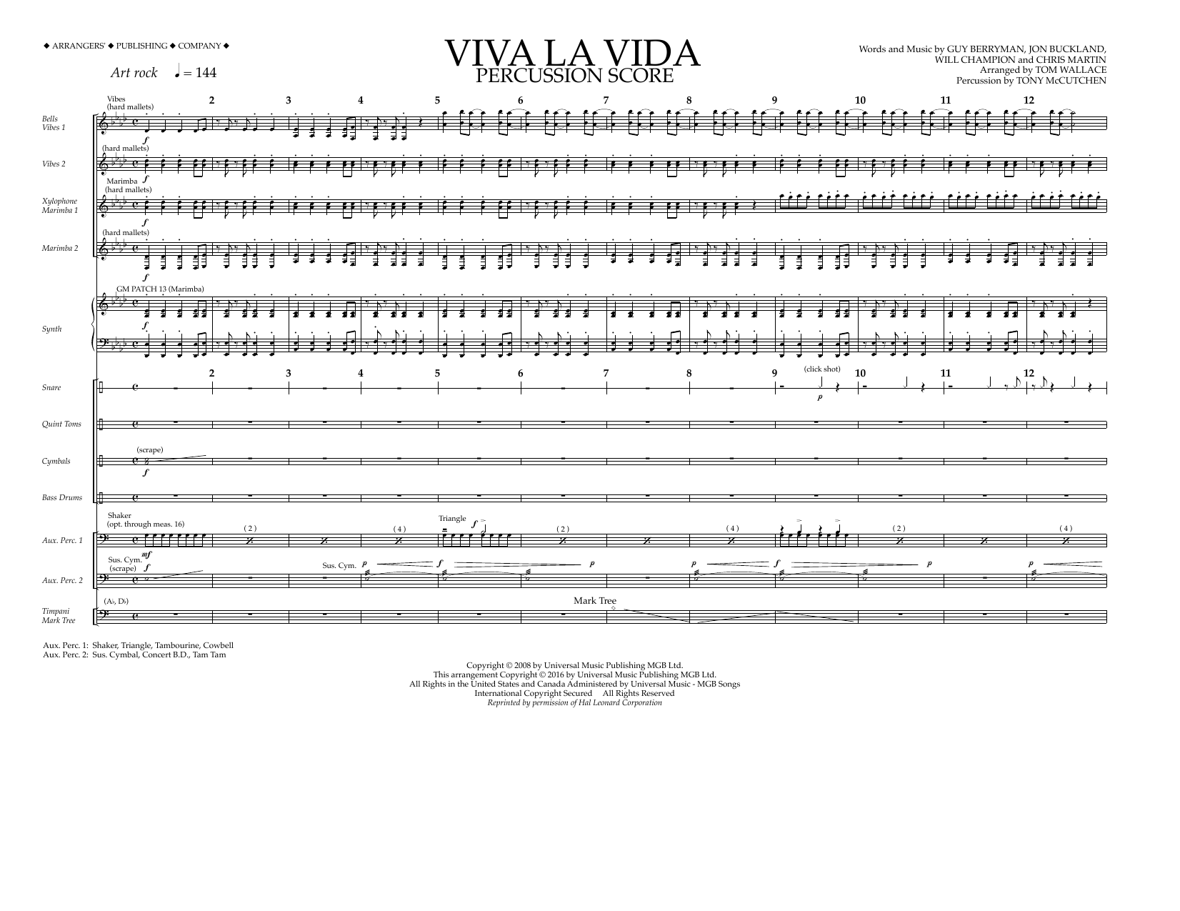 Learn to play Tom Wallace Viva La Vida - Percussion Score sheet music for Marching Band in minutes. Price: 13.9700$ Tom Wallace Viva La Vida - Percussion Score sheet music notes and chords arranged for Marching Band