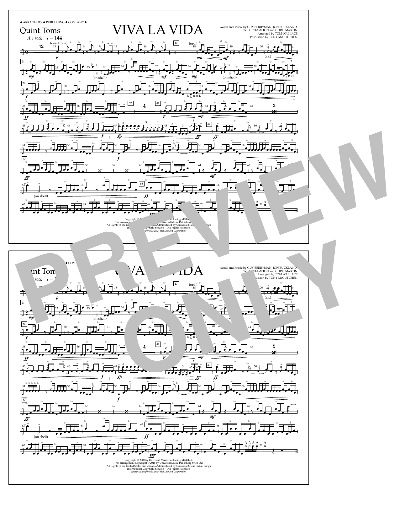 Learn to play Tom Wallace Viva La Vida - Quint-Toms sheet music for Marching Band in minutes. Tom Wallace Viva La Vida - Quint-Toms sheet music notes and chords. Download Printable PDF.