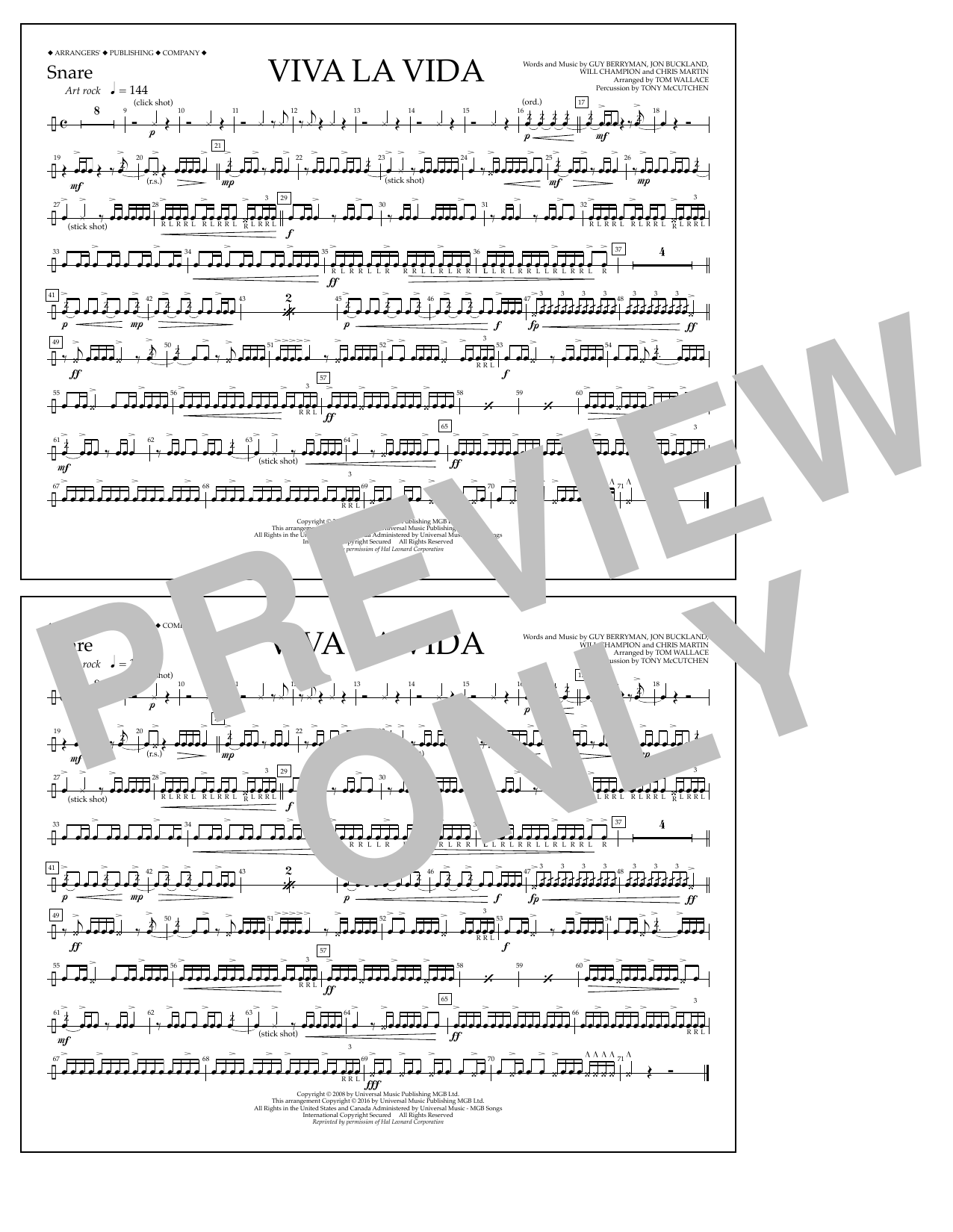 Tom Wallace Viva La Vida Snare Sheet Music Notes Chords Pop Partiture Marching Band Download Printable Pdf