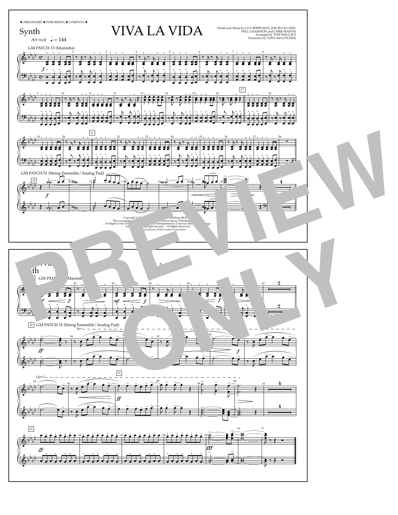 Learn to play Tom Wallace Viva La Vida - Synthesizer sheet music for Marching Band in minutes. Price: 7.8900$ Tom Wallace Viva La Vida - Synthesizer sheet music notes and chords arranged for Marching Band