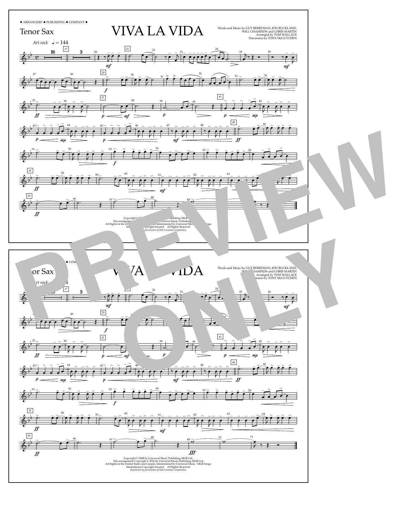 Learn to play Tom Wallace Viva La Vida - Tenor Sax sheet music for Marching Band in minutes. Price: 7.8900$ Tom Wallace Viva La Vida - Tenor Sax sheet music notes and chords arranged for Marching Band
