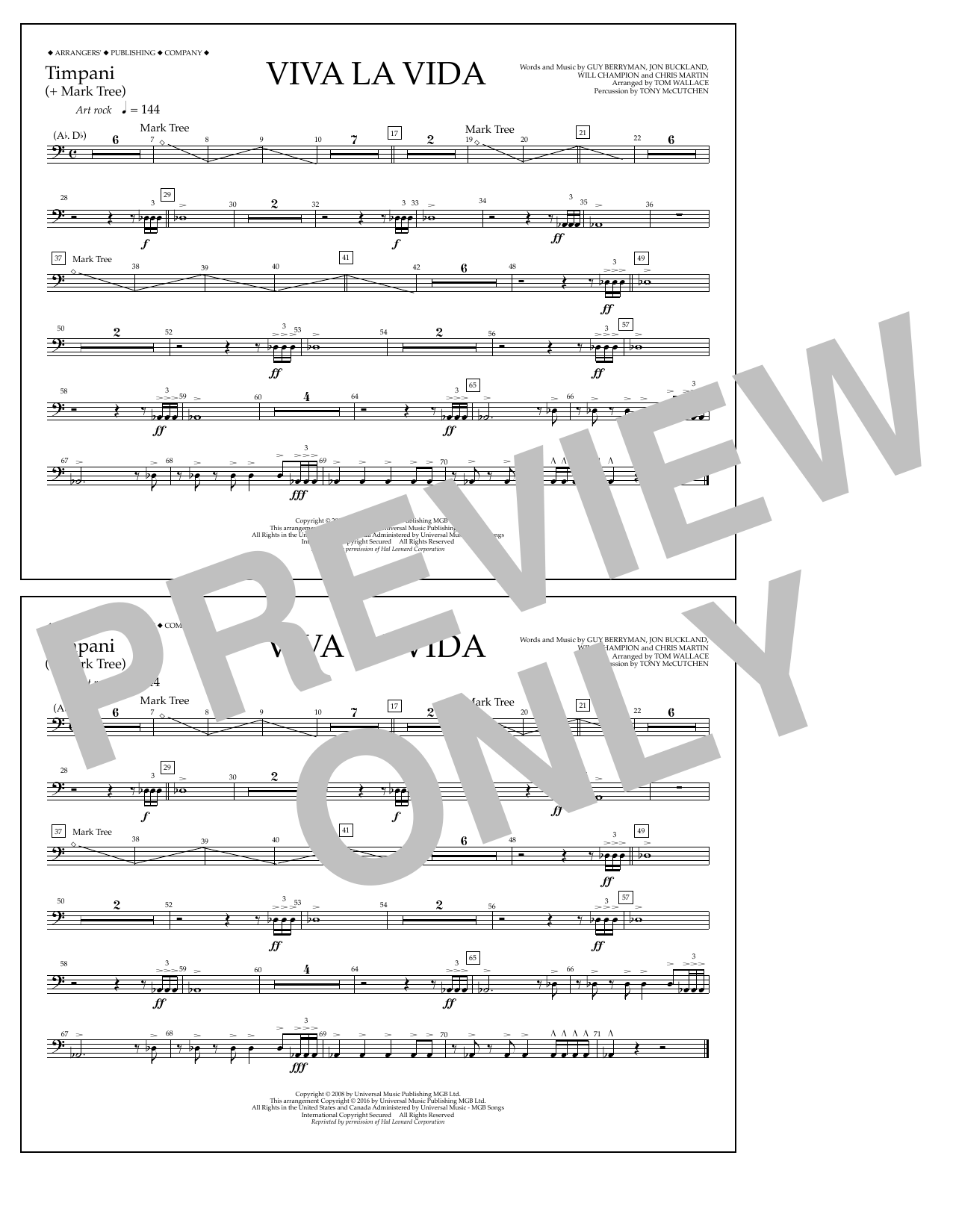 Learn to play Tom Wallace Viva La Vida - Timpani sheet music for Marching Band in minutes. Price: 7.8900$ Tom Wallace Viva La Vida - Timpani sheet music notes and chords arranged for Marching Band