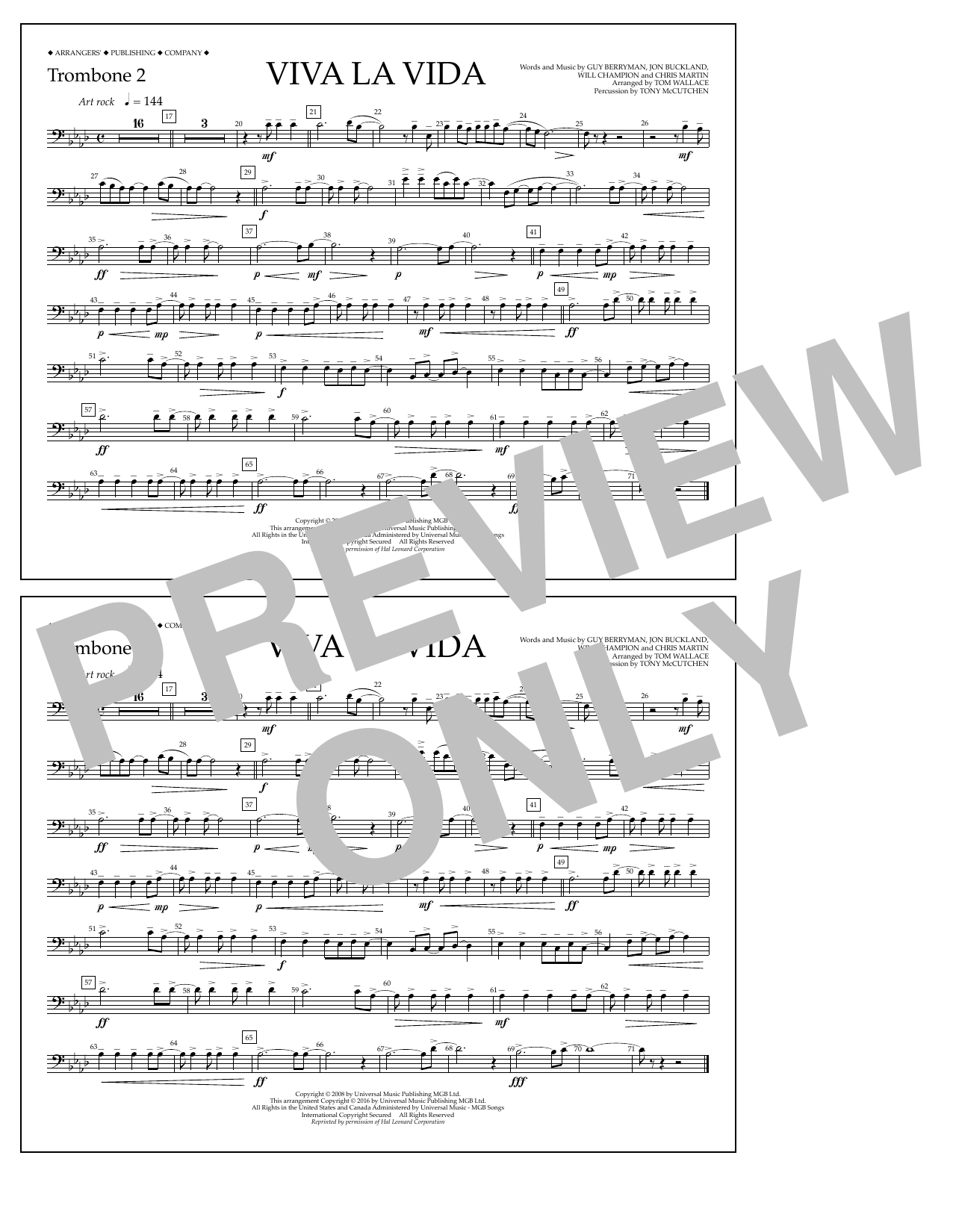 Learn to play Tom Wallace Viva La Vida - Trombone 2 sheet music for Marching Band in minutes. Price: 7.8900$ Tom Wallace Viva La Vida - Trombone 2 sheet music notes and chords arranged for Marching Band