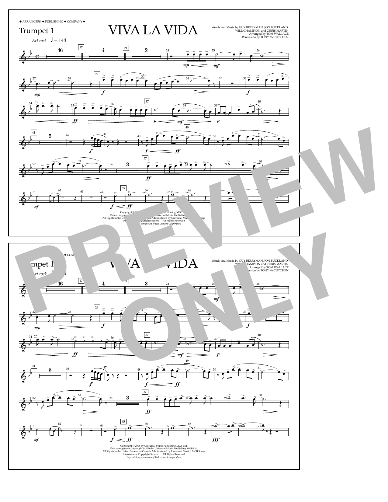 Learn to play Tom Wallace Viva La Vida - Trumpet 1 sheet music for Marching Band in minutes. Price: 7.8900$ Tom Wallace Viva La Vida - Trumpet 1 sheet music notes and chords arranged for Marching Band