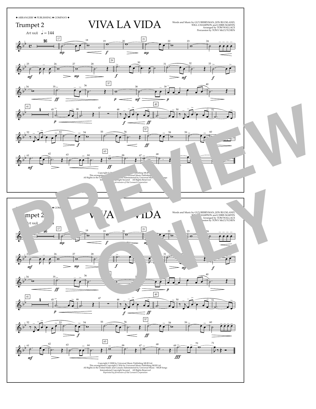 Learn to play Tom Wallace Viva La Vida - Trumpet 2 sheet music for Marching Band in minutes. Price: 7.8900$ Tom Wallace Viva La Vida - Trumpet 2 sheet music notes and chords arranged for Marching Band