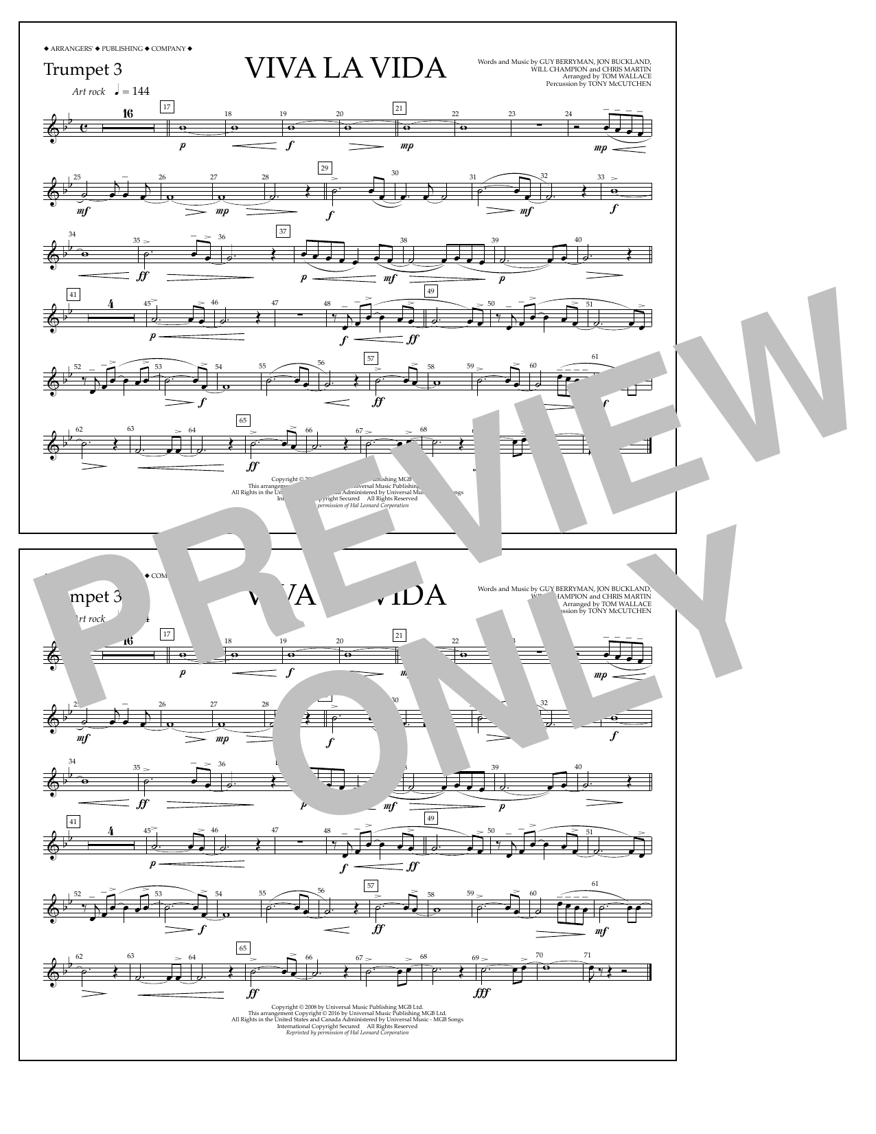 Learn to play Tom Wallace Viva La Vida - Trumpet 3 sheet music for Marching Band in minutes. Price: 7.8900$ Tom Wallace Viva La Vida - Trumpet 3 sheet music notes and chords arranged for Marching Band