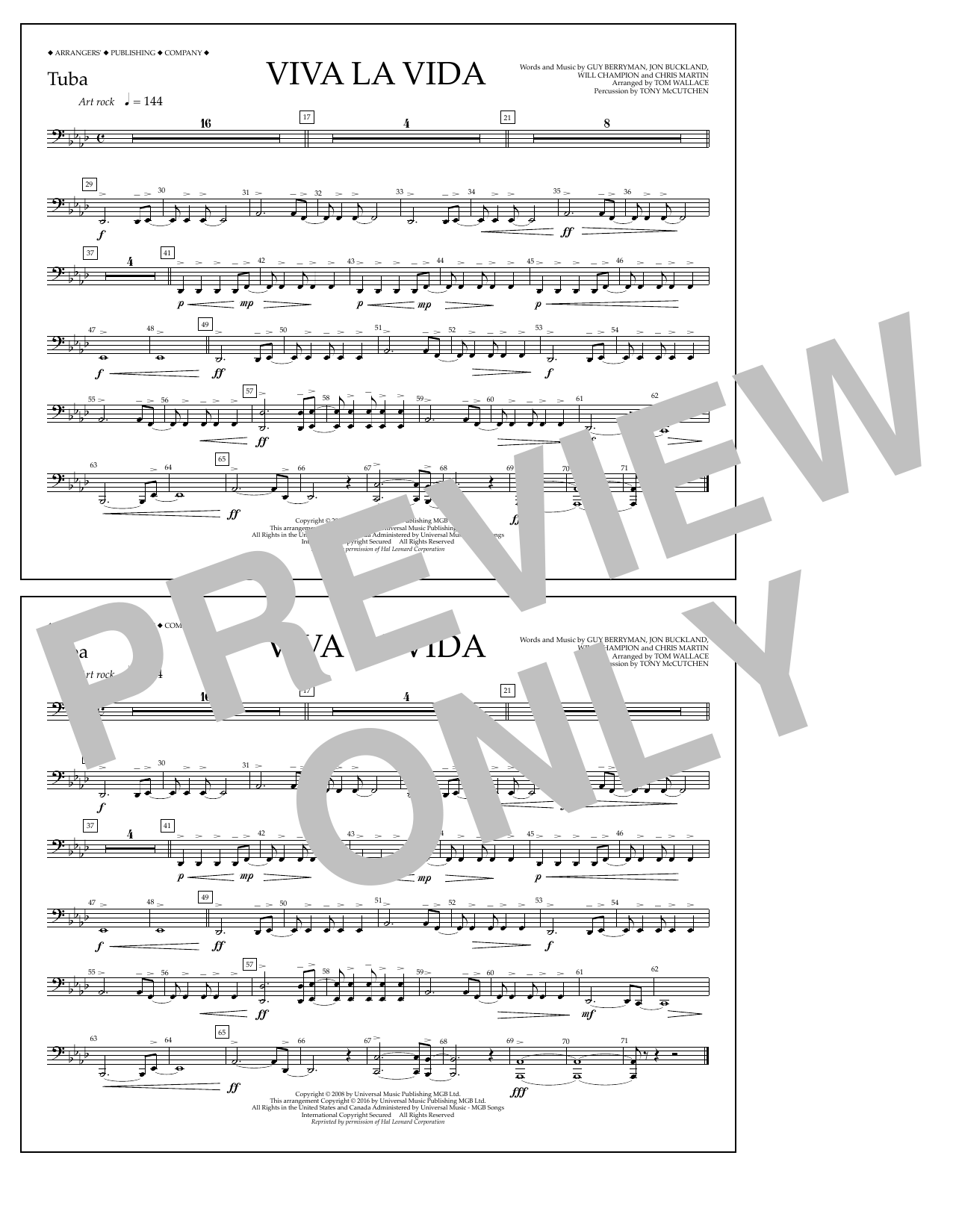 Learn to play Tom Wallace Viva La Vida - Tuba sheet music for Marching Band in minutes. Price: 7.8900$ Tom Wallace Viva La Vida - Tuba sheet music notes and chords arranged for Marching Band