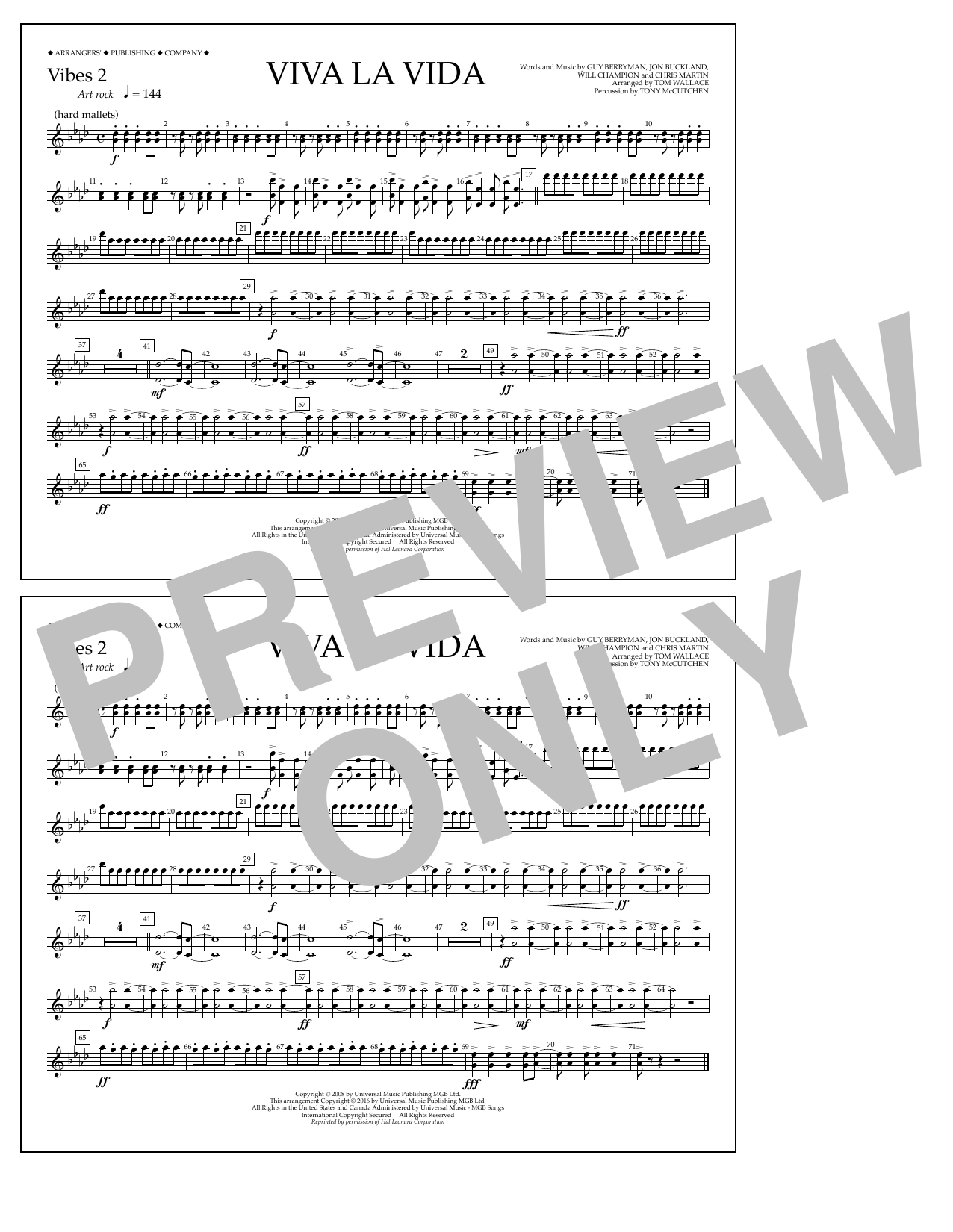 Learn to play Tom Wallace Viva La Vida - Vibes 2 sheet music for Marching Band in minutes. Price: 7.8900$ Tom Wallace Viva La Vida - Vibes 2 sheet music notes and chords arranged for Marching Band