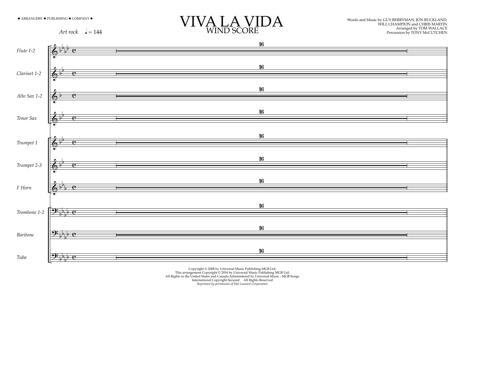 Learn to play Tom Wallace Viva La Vida - Wind Score sheet music for Marching Band in minutes. Price: 13.9700$ Tom Wallace Viva La Vida - Wind Score sheet music notes and chords arranged for Marching Band