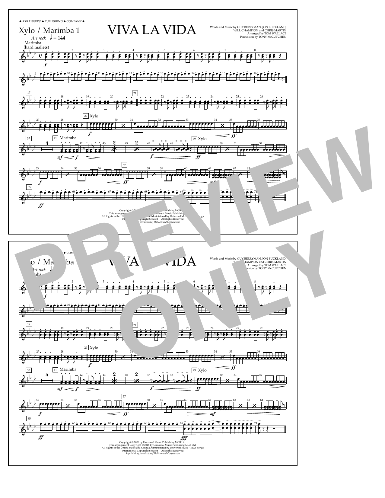 Learn to play Tom Wallace Viva La Vida - Xylo./Marimba 1 sheet music for Marching Band in minutes. Price: 7.8900$ Tom Wallace Viva La Vida - Xylo./Marimba 1 sheet music notes and chords arranged for Marching Band