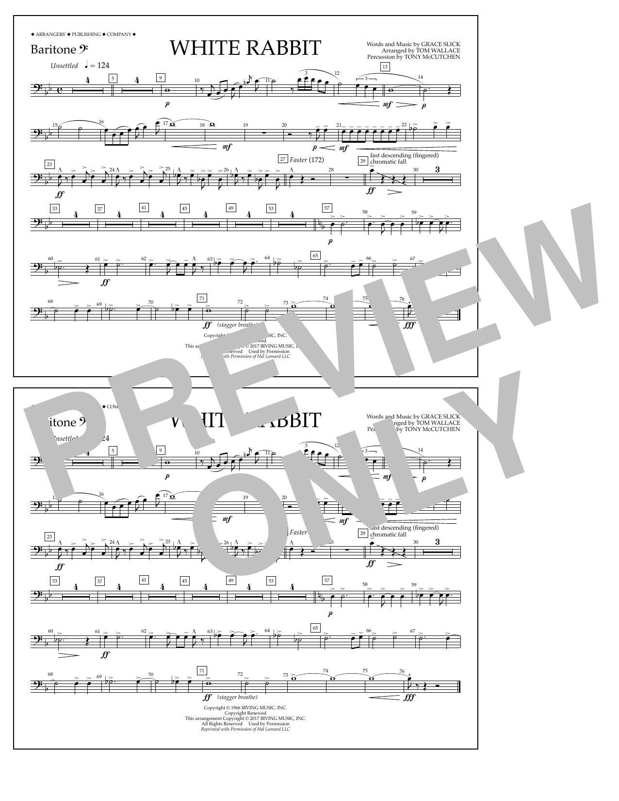 Learn to play Tom Wallace White Rabbit - Baritone B.C. sheet music for Marching Band in minutes. Price: 7.8900$ Tom Wallace White Rabbit - Baritone B.C. sheet music notes and chords arranged for Marching Band