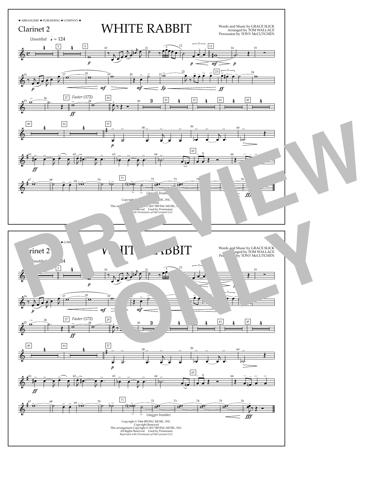 Learn to play Tom Wallace White Rabbit - Clarinet 2 sheet music for Marching Band in minutes. Price: 7.8900$ Tom Wallace White Rabbit - Clarinet 2 sheet music notes and chords arranged for Marching Band